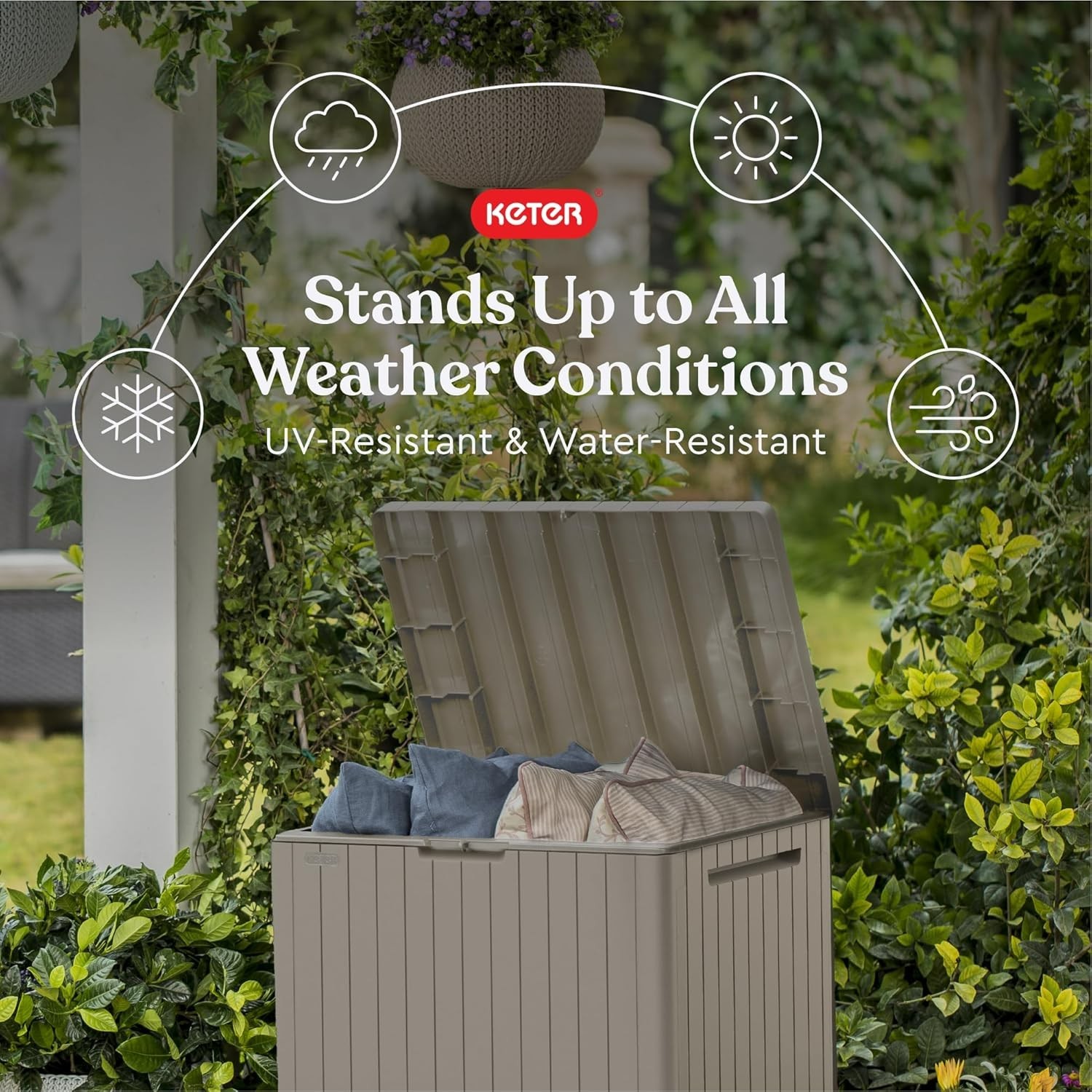 Compact Beige 30 Gallon Outdoor Storage Box & Versatile Garden Side Table