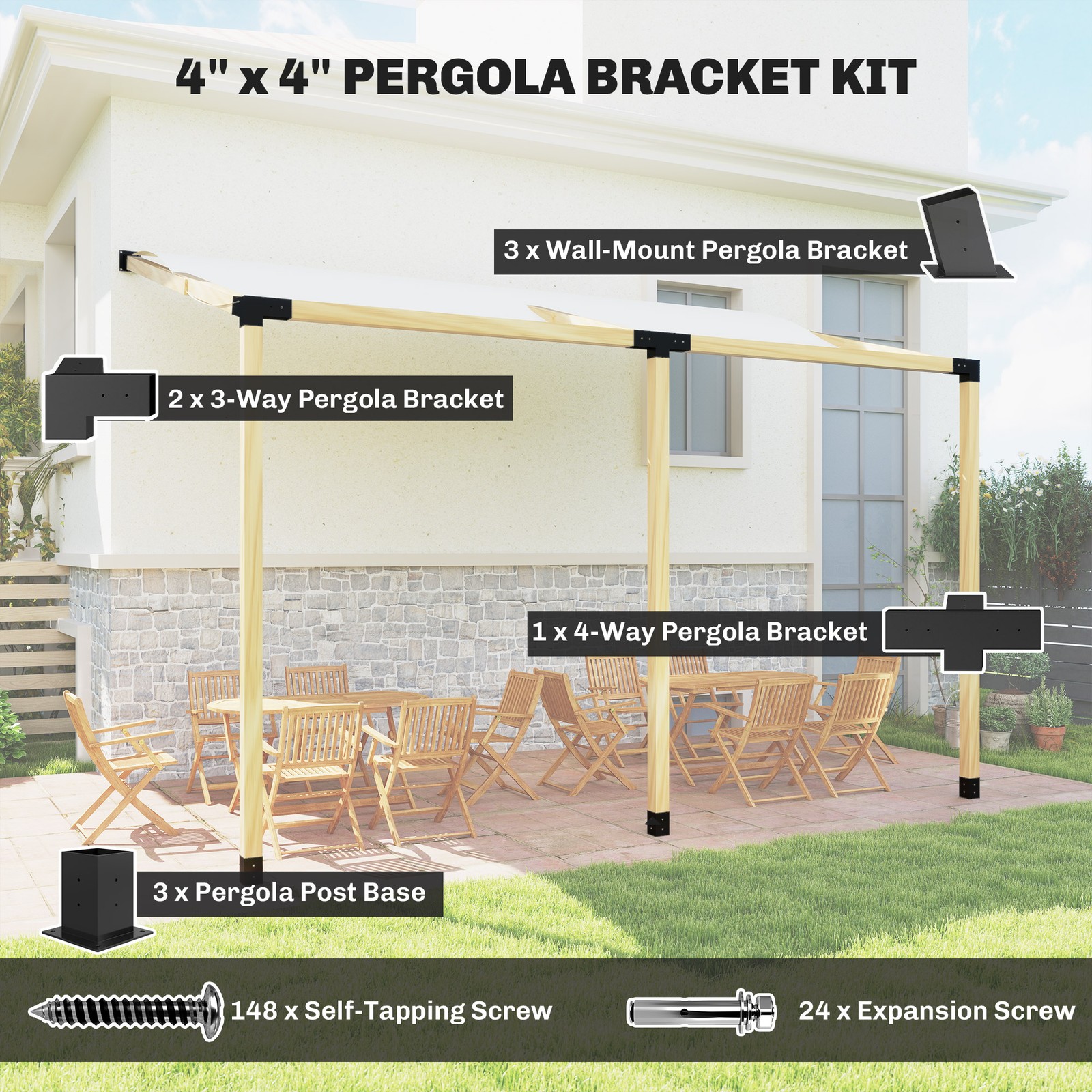 Pergola Brackets, 15° Slanted Roof Pergola Bracket Kit, Black