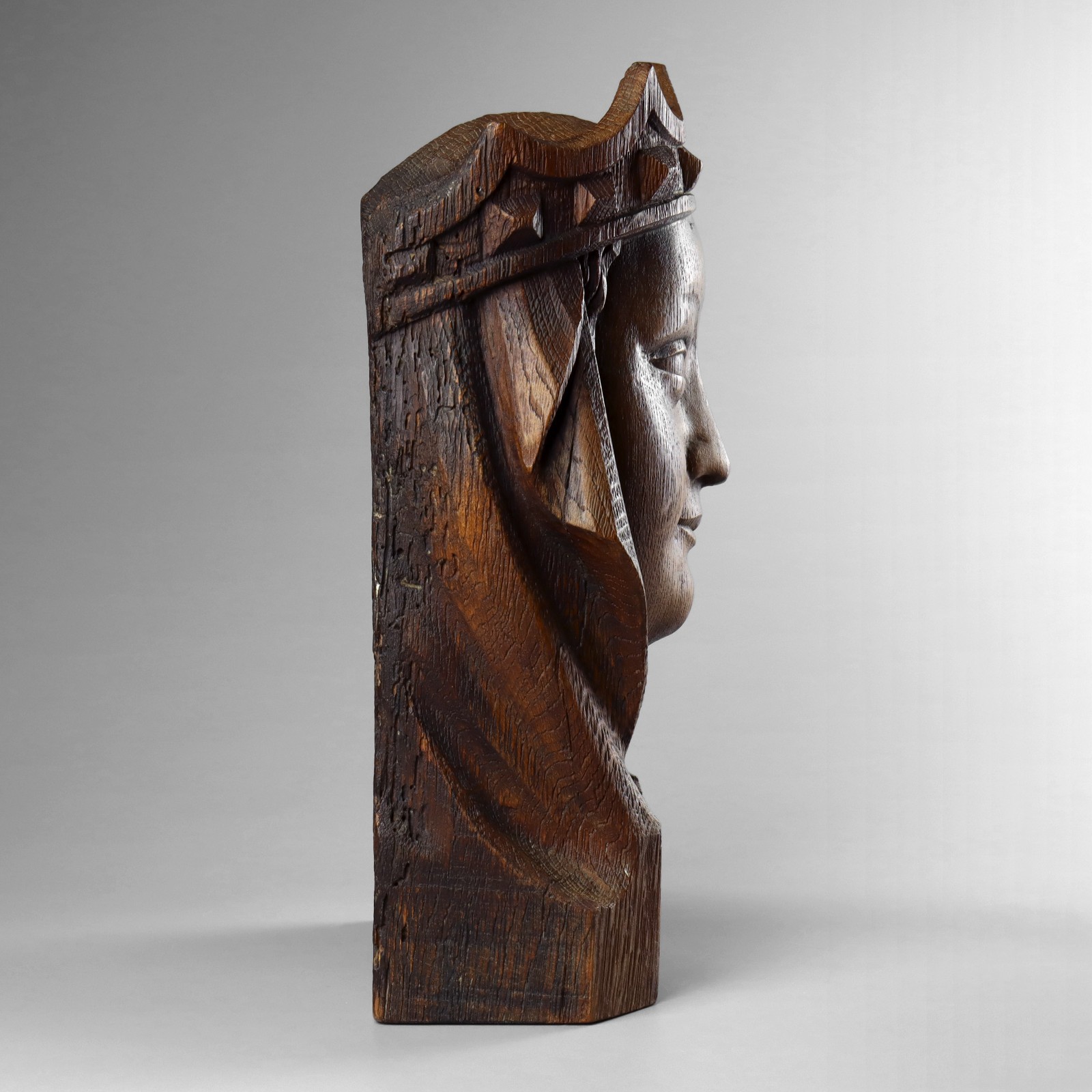 Antique 19th Century Ecclesiastical Gothic Carved Wood Head Of The Madonna