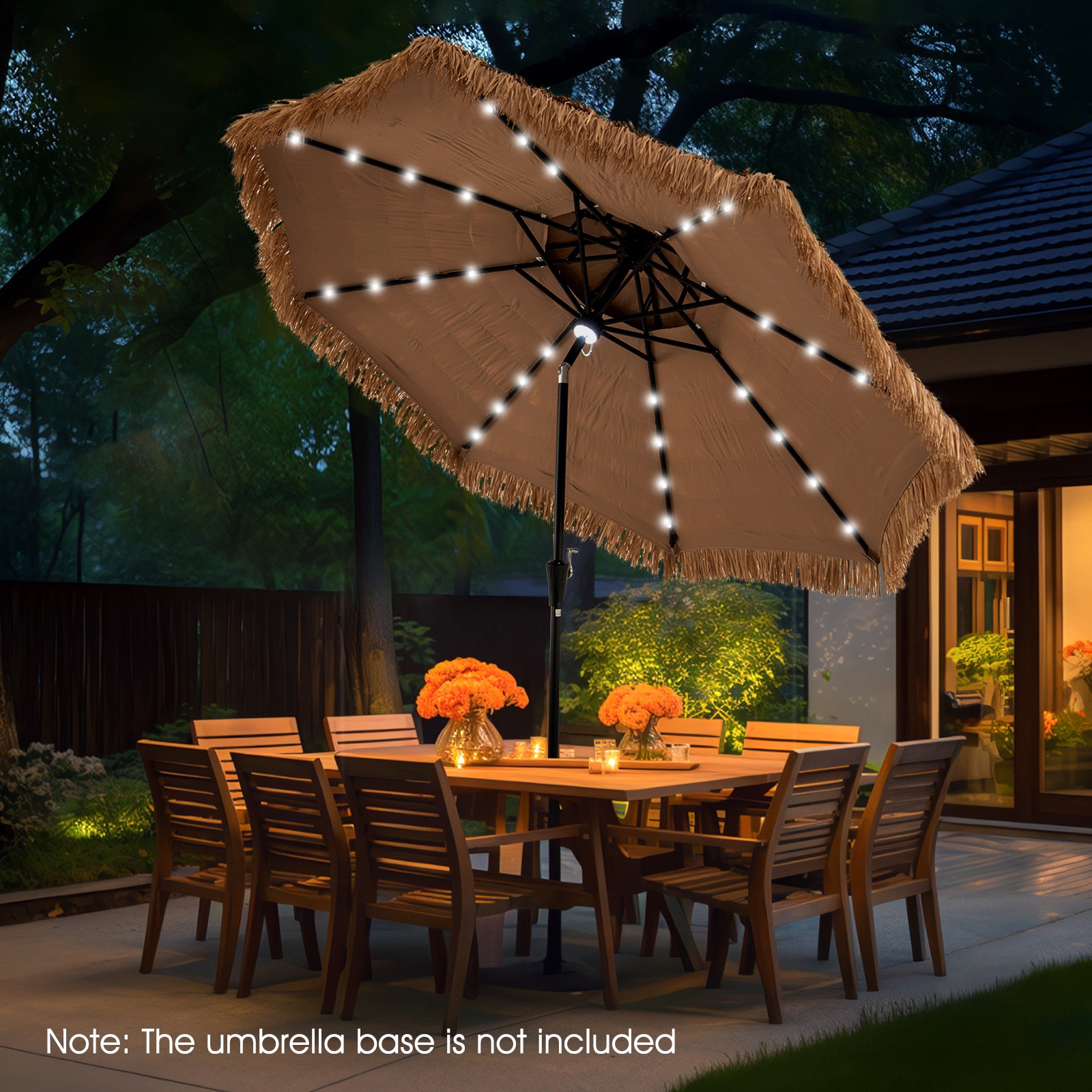 10 ft Solar Lighted Thatched Tiki Patio Umbrella Beach 2 Tier Hawaiian