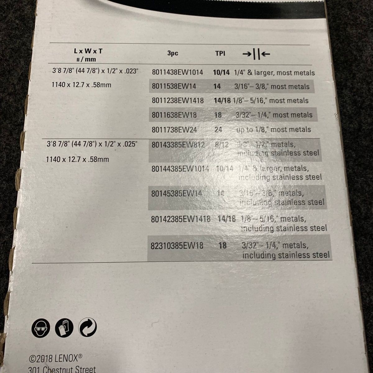 LENOX 8011238EW1418 Master-Band Portable Band Saw Blades 44 7/8" 1140mm Qty 3