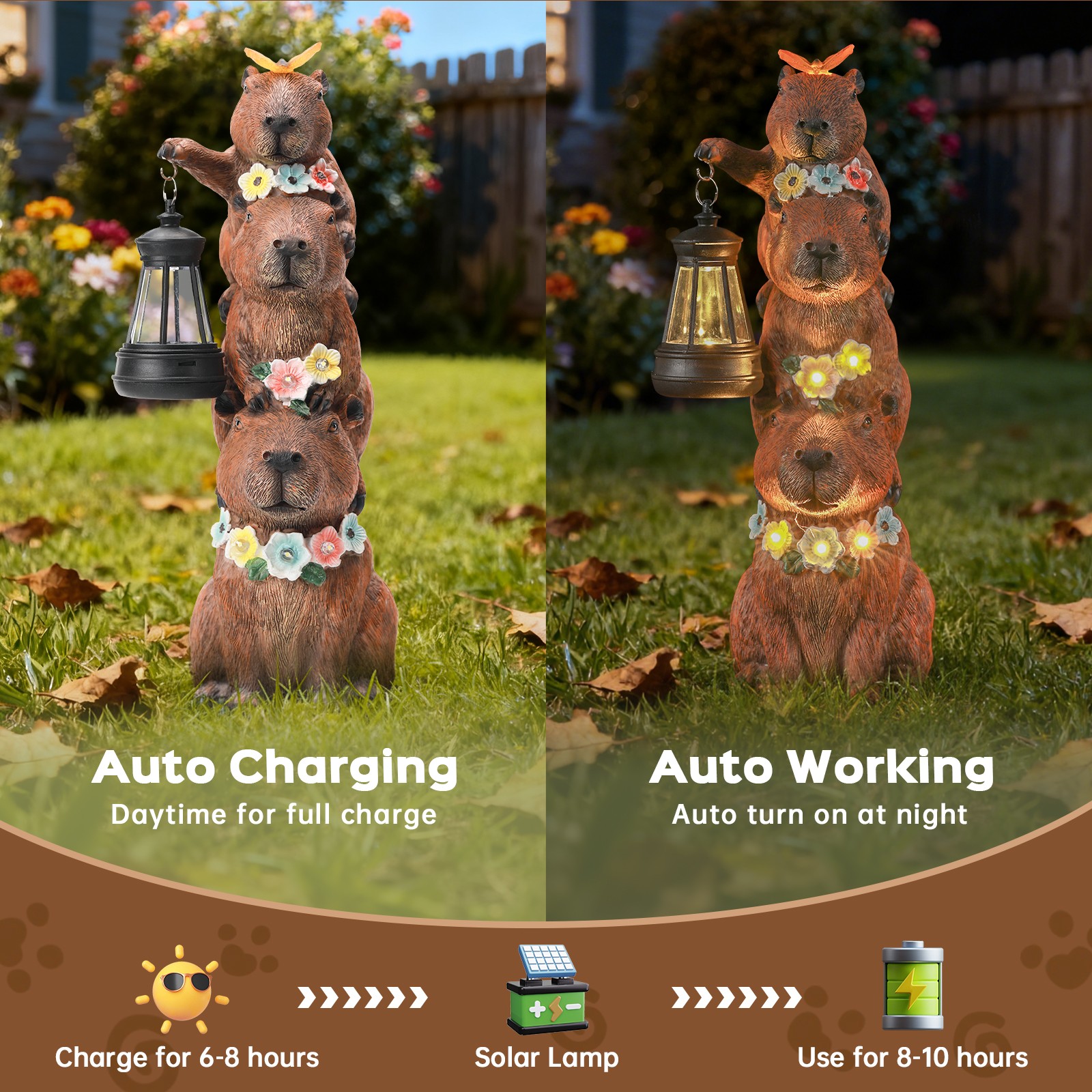 Solar-Powered Capybara Statue with LED Lights & Flowers - Outdoor Decor