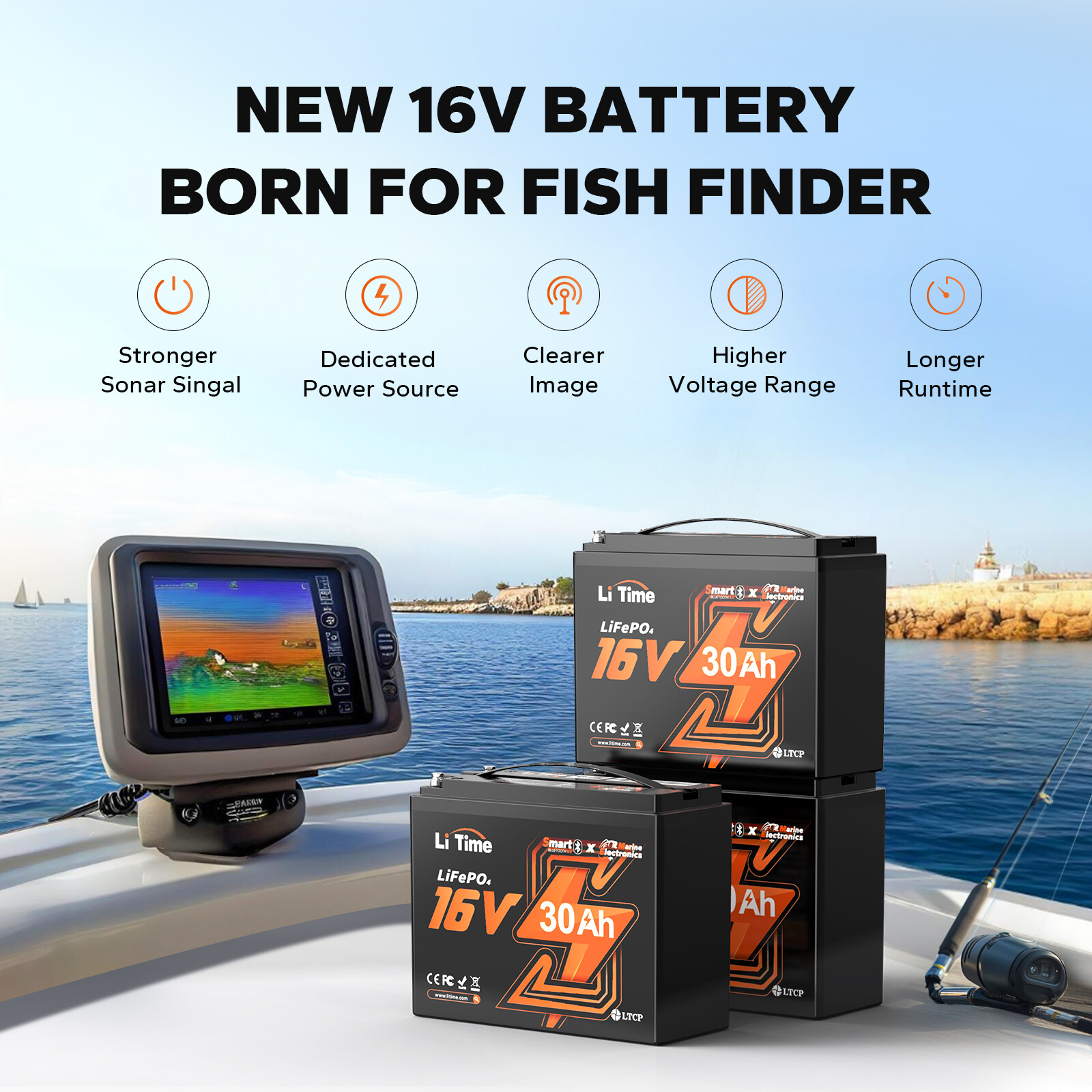 LiTime 16V 30Ah/70Ah/100Ah Bluetooth Lithium Battery Born For Fish Finder Marine