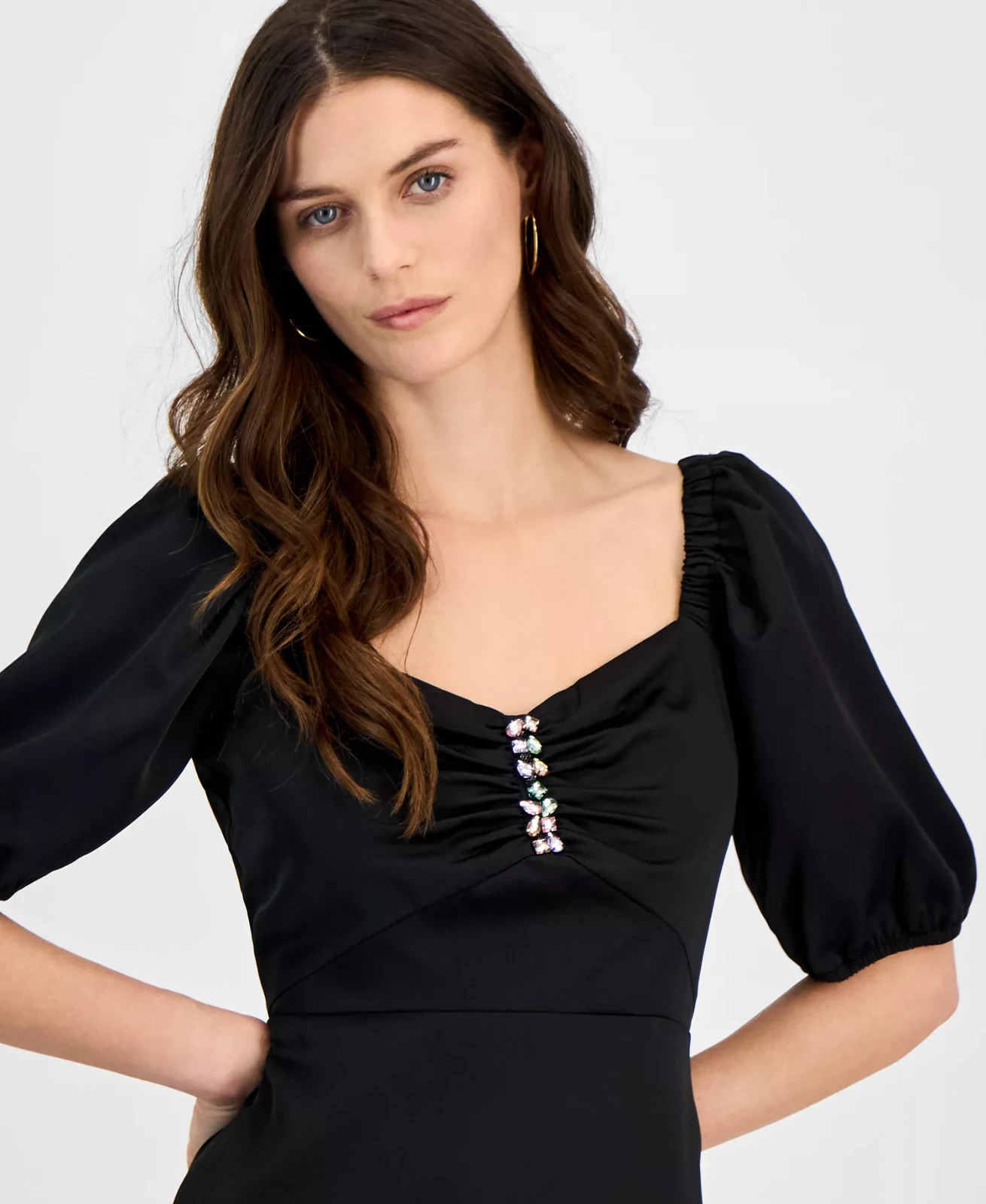 Anne Klein Women's Rhinestone Puff-Sleeve Midi Dress MSRP $139