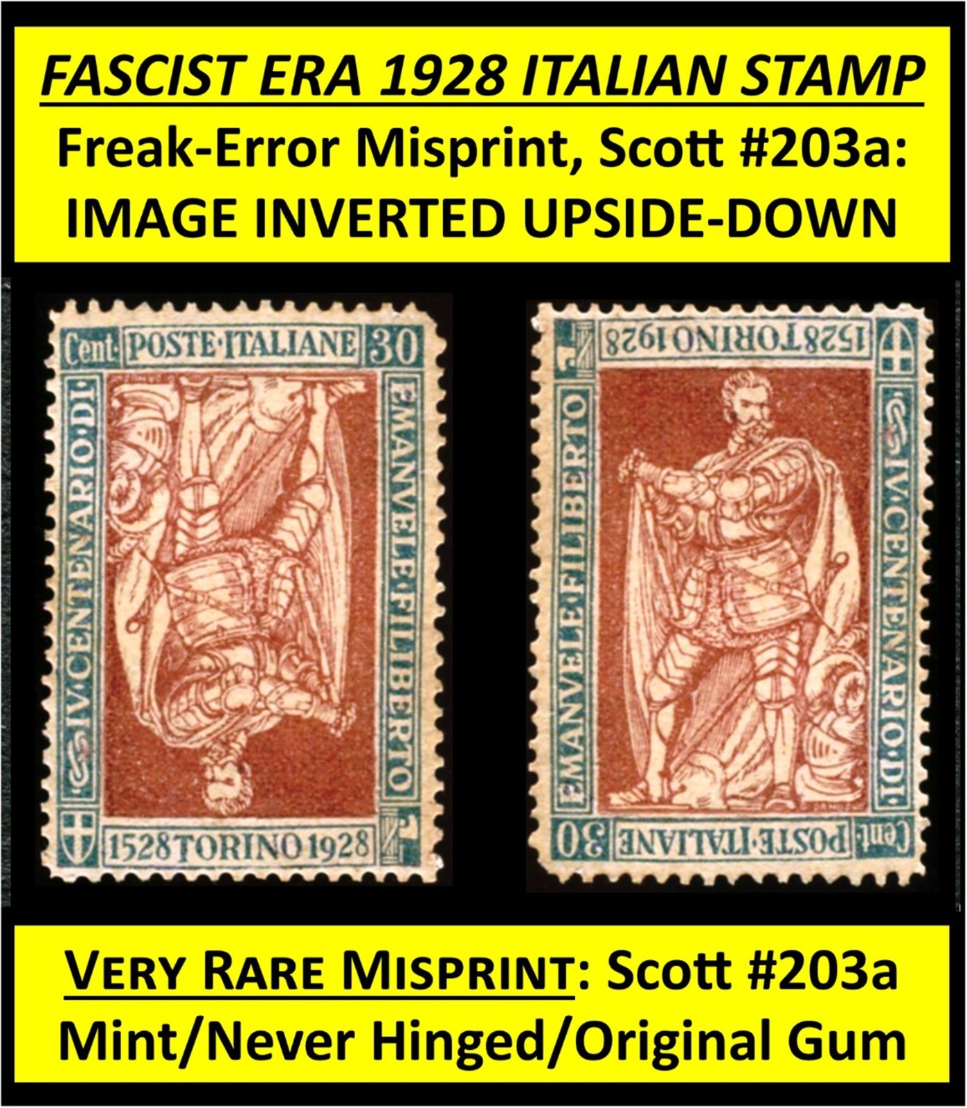 ITALY 1928 - FASCIST ERA MISPRINTED STAMP - Scott #203a with IMAGE INVERTED /223