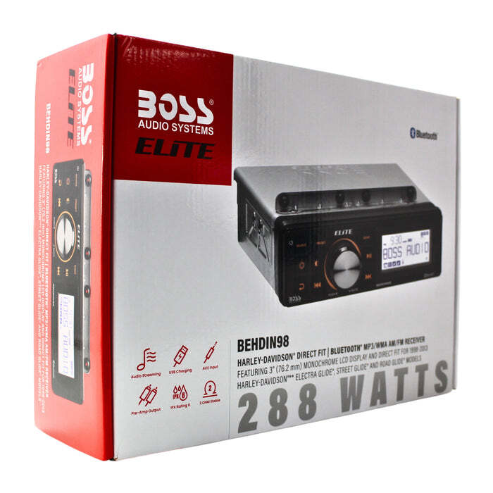 Boss Elite Direct Fit Harley 1998-2013 Bluetooth MP3 AM/FM Receiver 3" BEHDIN98