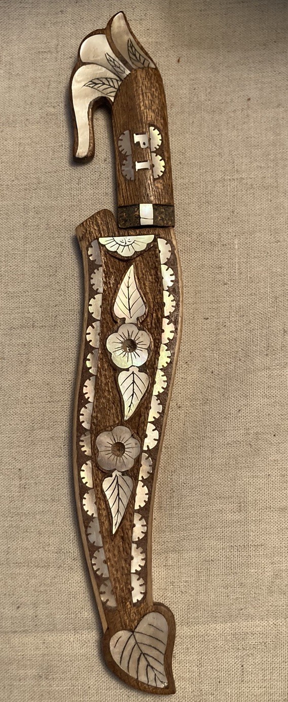 Vintage Philippines Bolo Knife with Sheath Scabbard Used Carved Wood