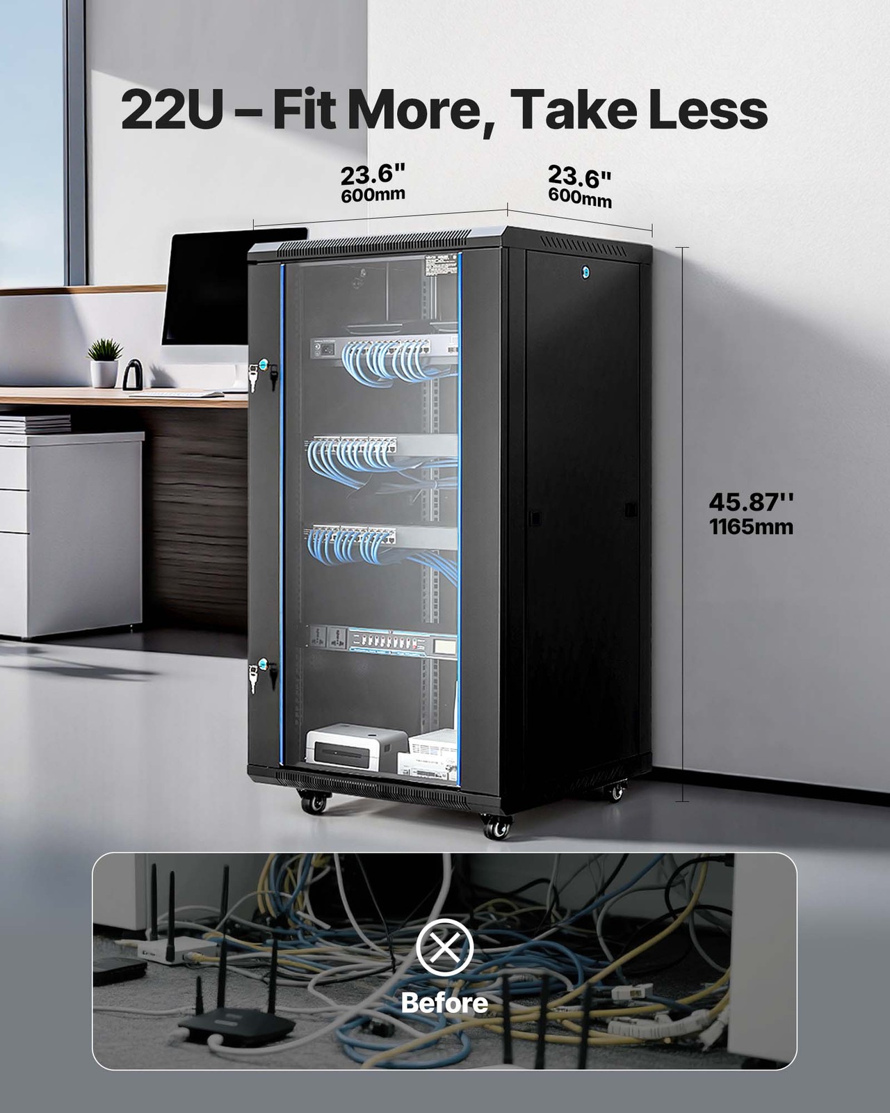 VEVOR 22U Network Cabinet Wall Mount Server Cabinet Rack Enclosure Glass Door