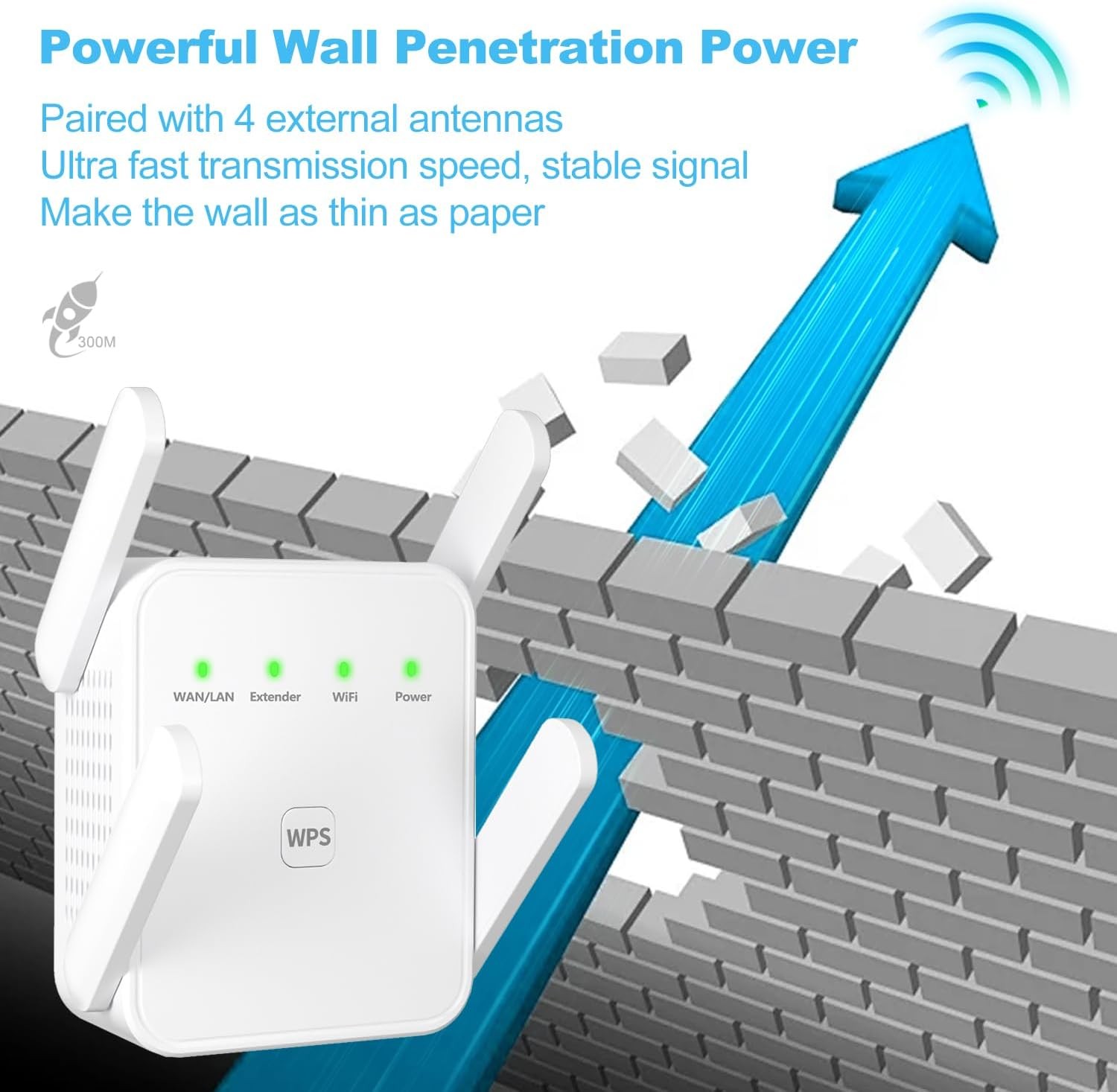 4-Antennas 300M WiFi Extender Repeater Amplifier 2.4GHz Enhancer Booster White