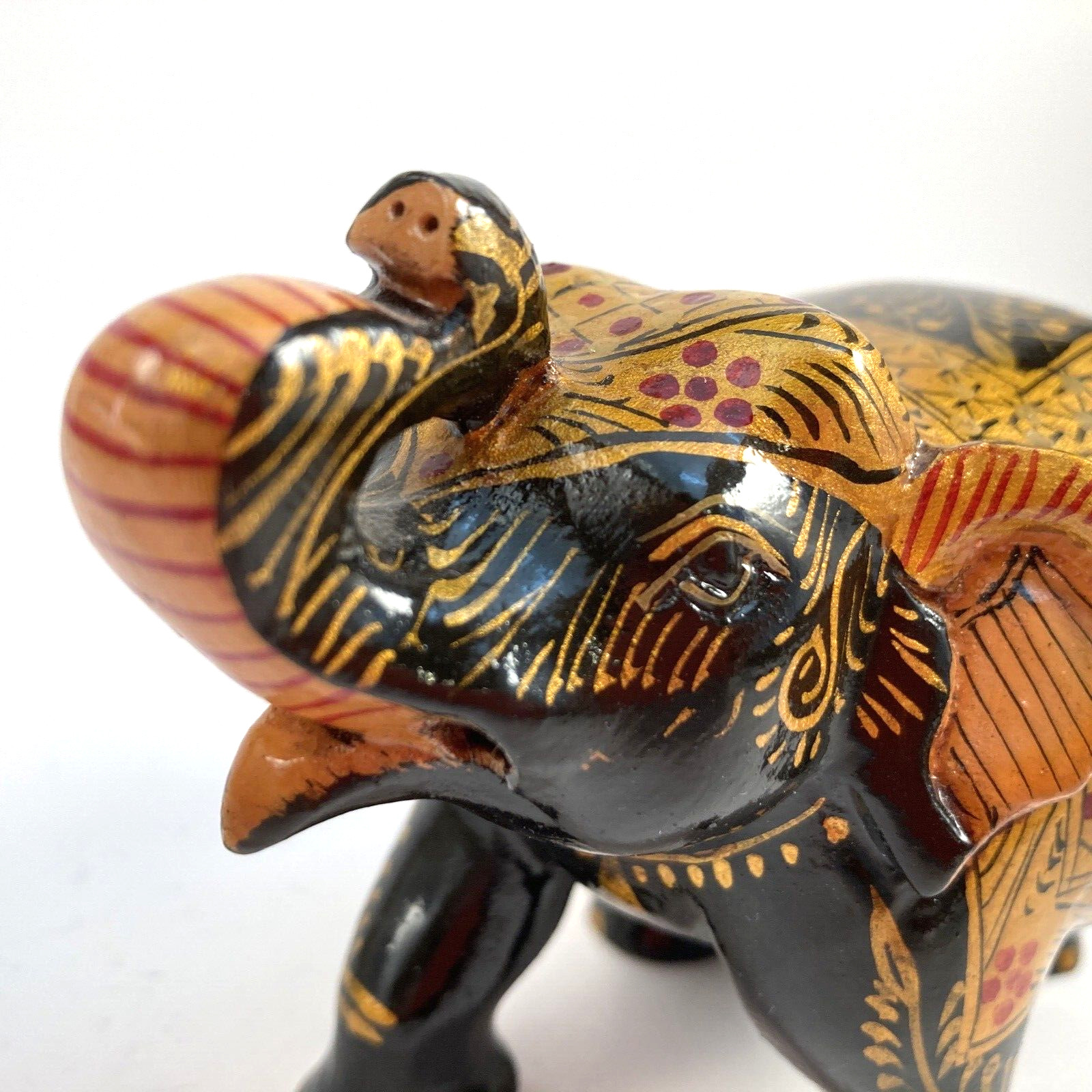 Wooden Trunk Up Elephant Figure Handpainted Gold Highlight Designs MISSING TUSKS