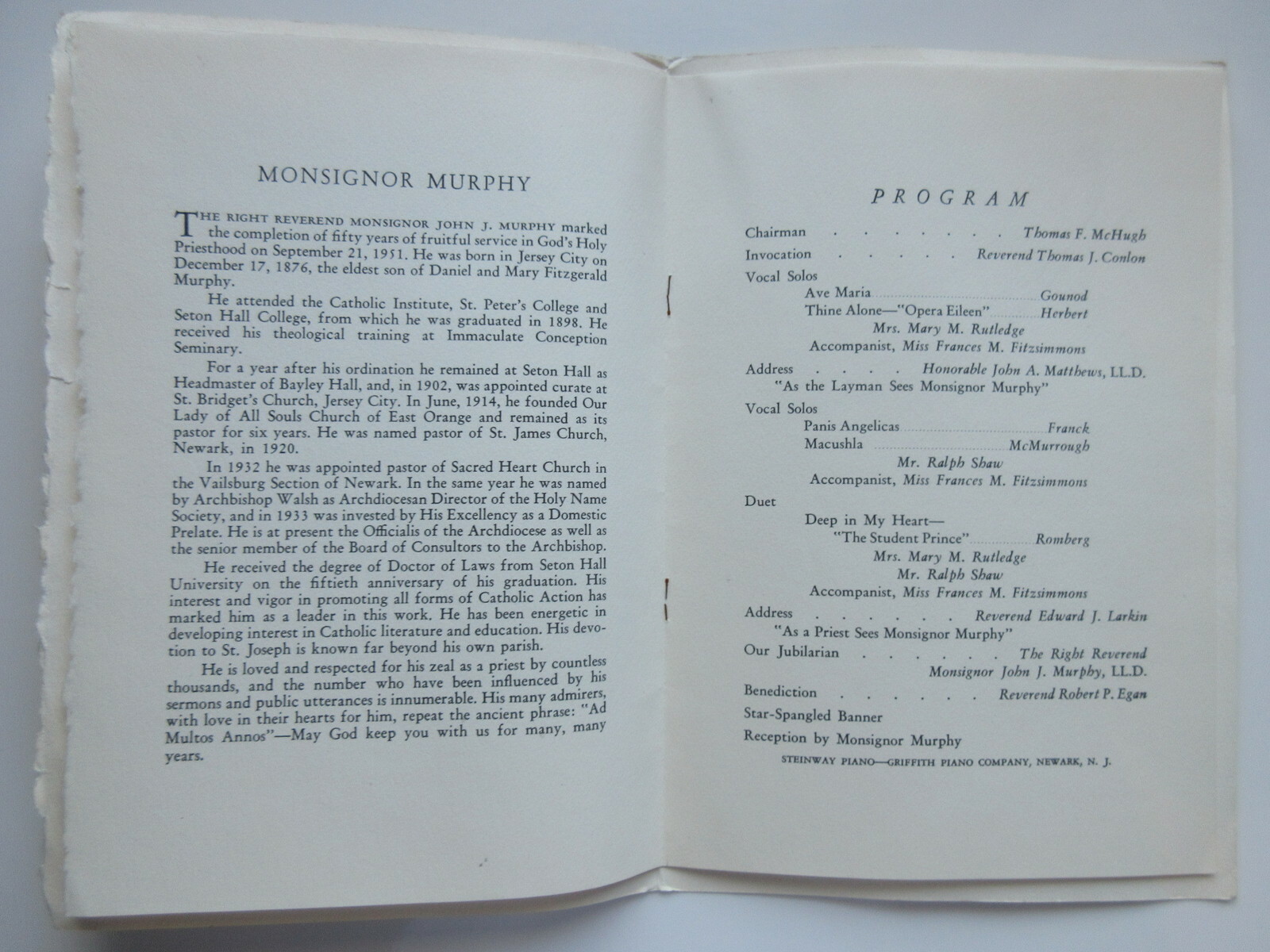 GOLDEN JUBLILEE program MONSIGNOR LOHN J. MURPHY 1951 NEWARK NEW JERSEY
