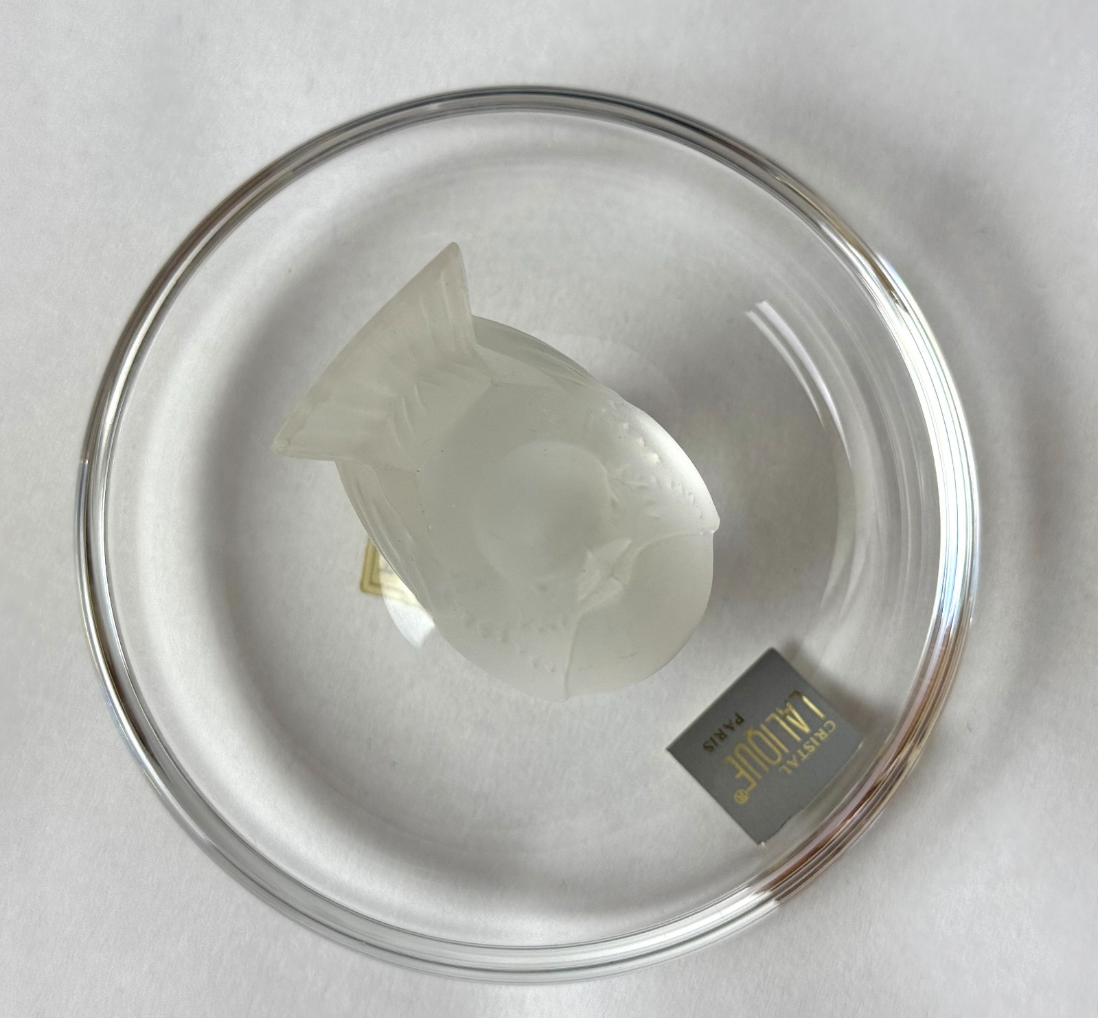 Lalique Pinson Finch 1970s Art Glass Ring Dish Clear & Frosted Crystal 2” Tall
