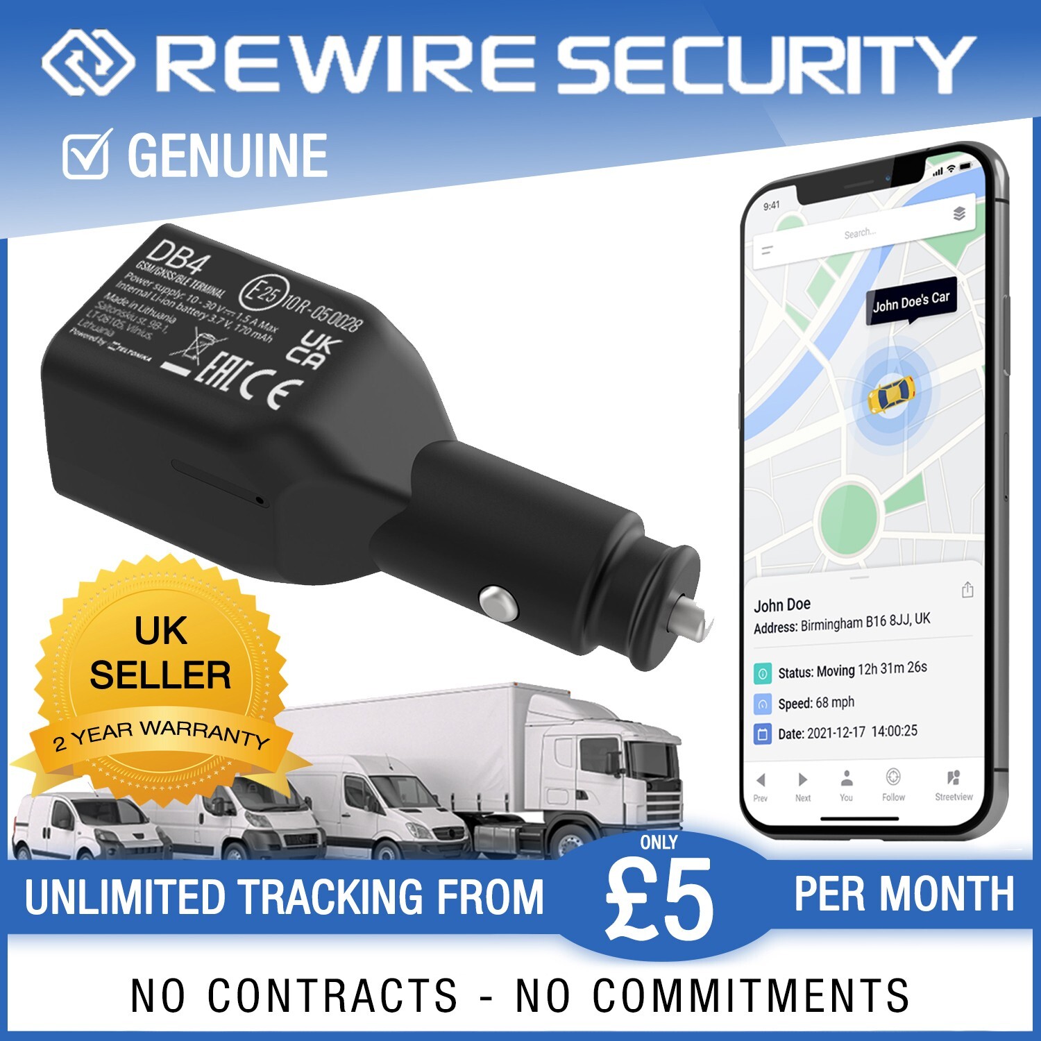 EASY INSTALL 12V-24V POWER OUTLET GPS TRACKER CAR VAN FLEET LIVE TRACKING DB4