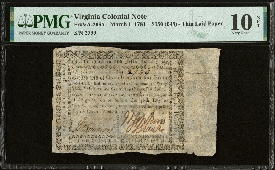 1781 VIRGINIA $150 Colonial Currency American Revolution Bank Note VA-206a, PMG