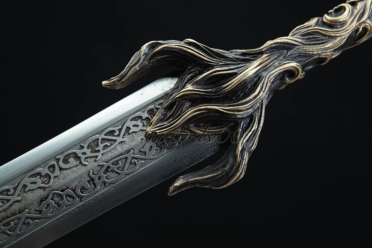 Handmade Exquisite Brass Handle Short Sword Damascus Steel Blade Leather Sheath
