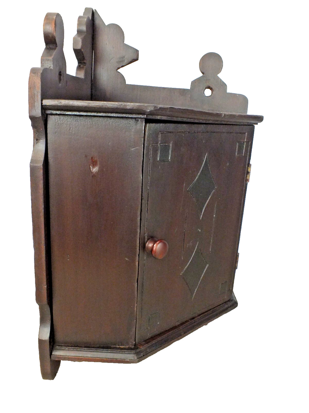 1800s Antique Wall Hung Corner Cabinet Dark Red Brown Finish w Black Highlights