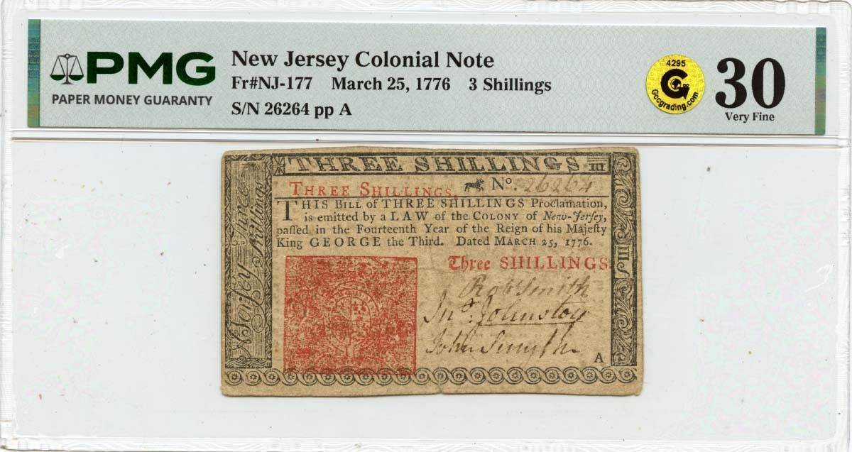 1776 March 25, 3s New Jersey Colonial Note FR#NJ-177 PMG VF30 GCC Gold