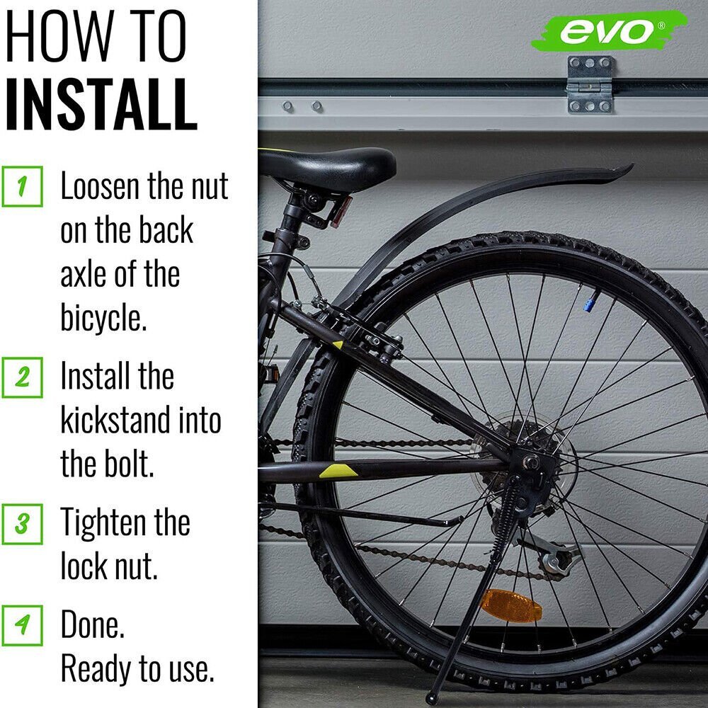 EVO Hardened Steel Axle Mount Adjustable Bicycle Kickstand for 20" Bikes, Black