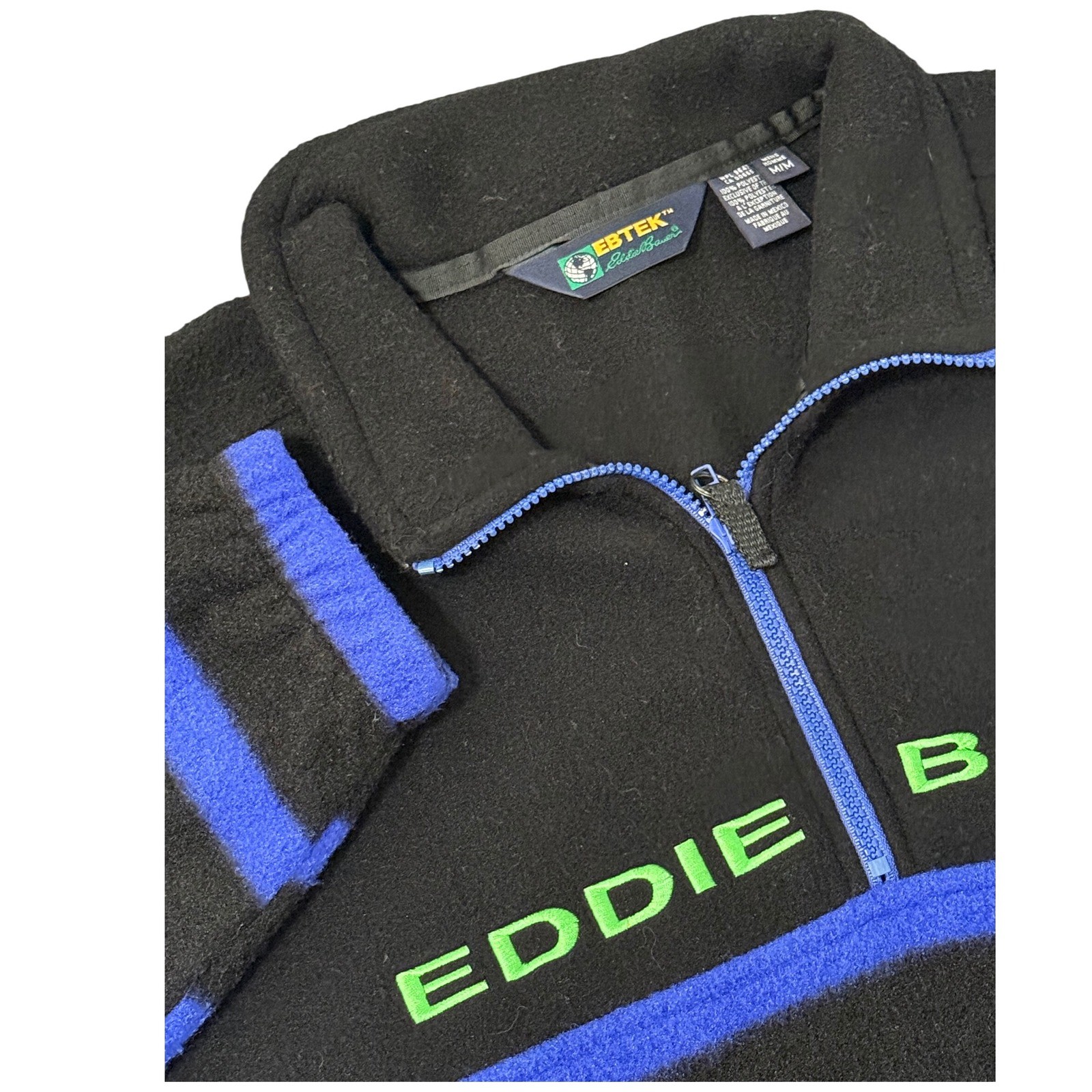 Vintage Eddie Bauer EBTEK Fleece Pullover Jacket Men Medium M Black Blue Stripe