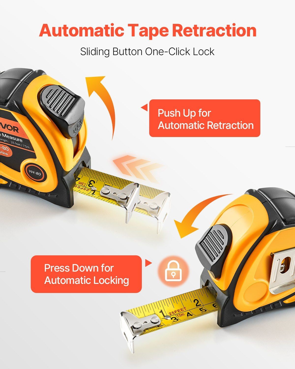 2 Pack 25ft Tape Measure Dual Ft/M Scales Retractable Steel ABS Case