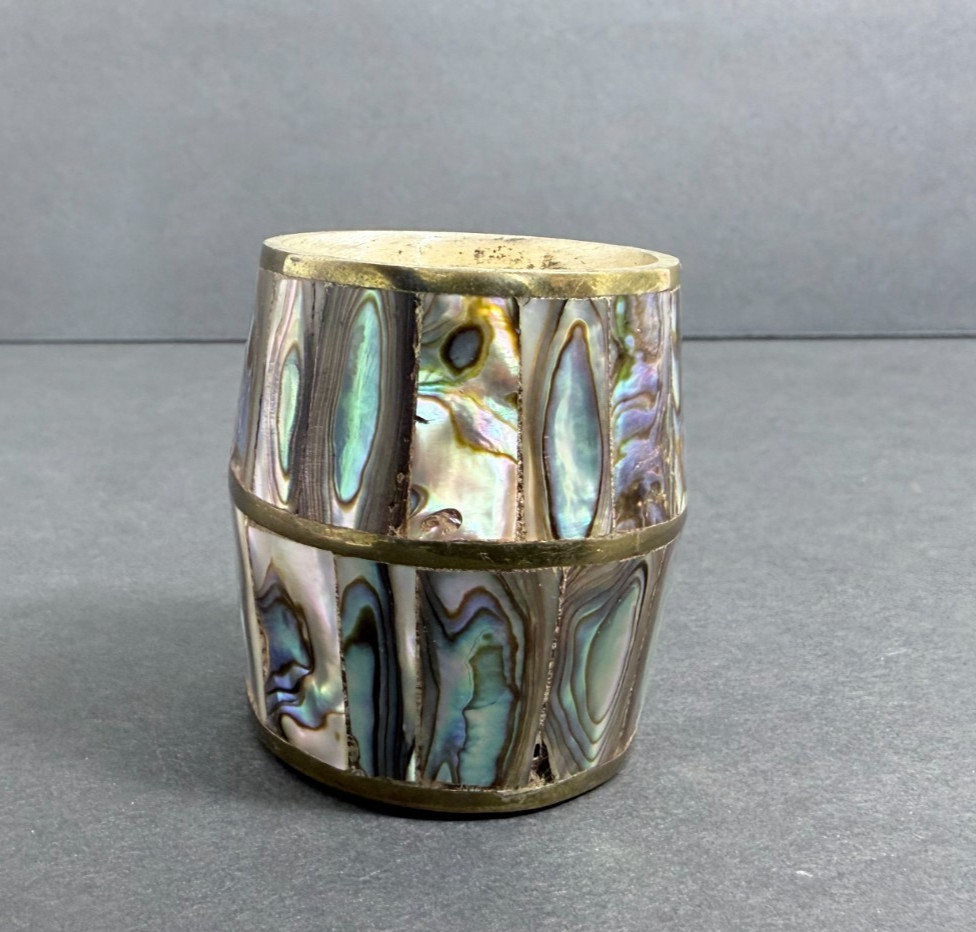 Vintage Brass and Abalone Barrel Shaped Shell Shot Glass Made in Mexico
