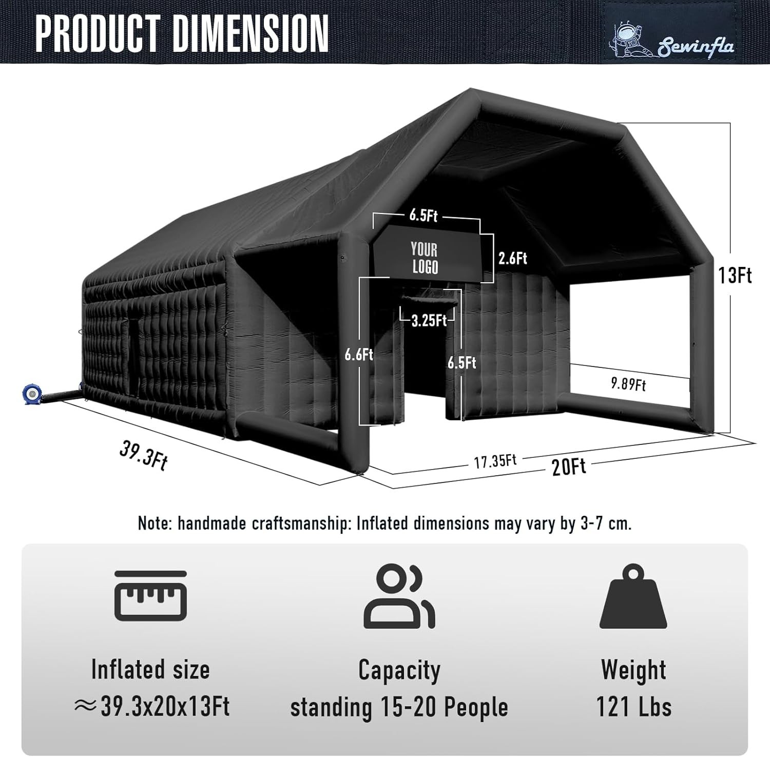 Sewinfla 39x20x13Ft Inflatable Nightclub Gazebo & Logo Area Black Party Tent