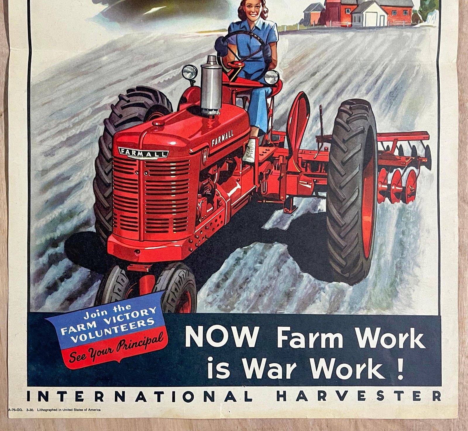 c.1943 NOW Farm Work is War Work Poster International Harvester Farmall Tractor