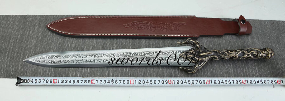 Handmade Exquisite Brass Handle Short Sword Damascus Steel Blade Leather Sheath