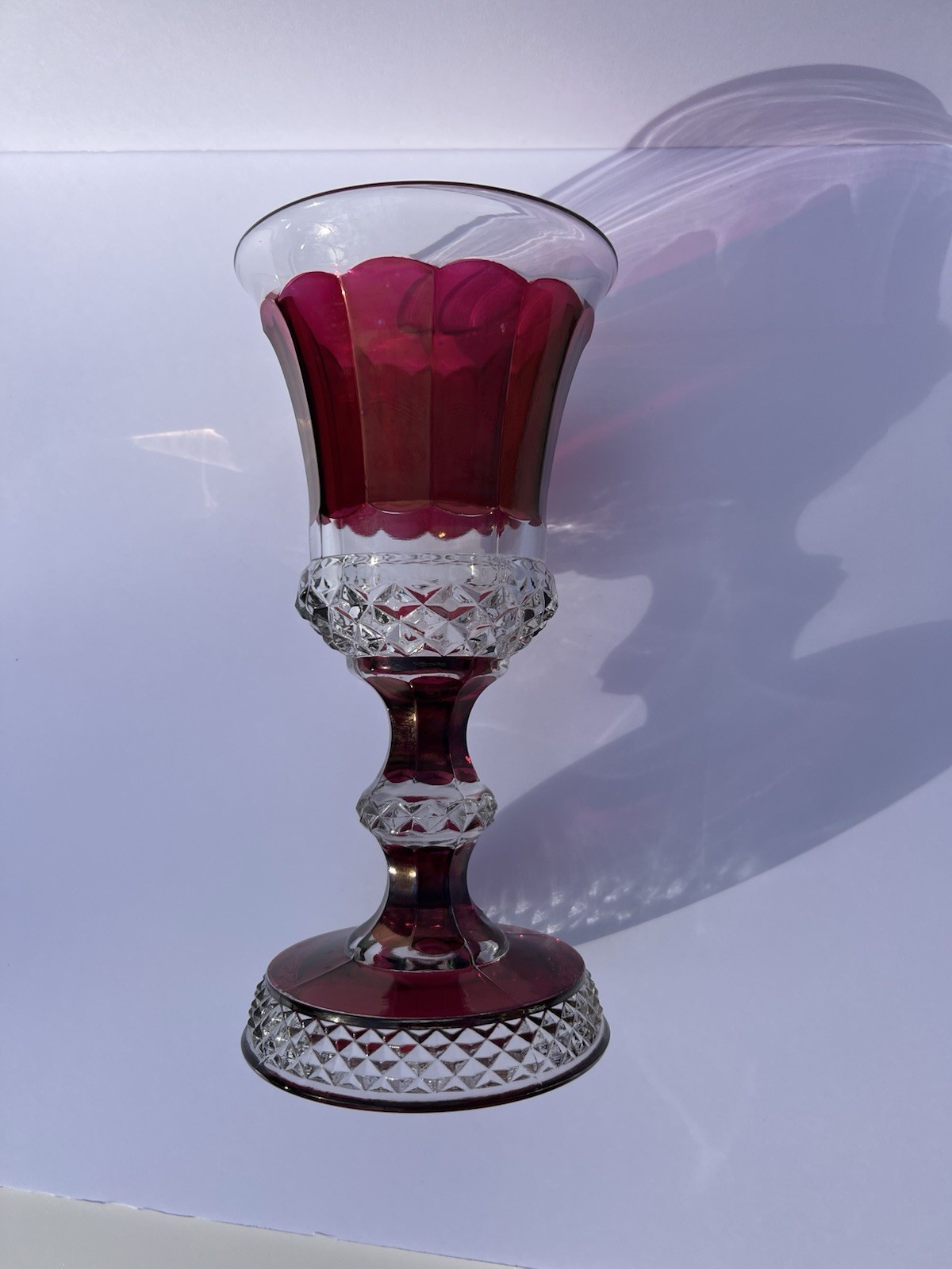 Antique 1890’s Victorian Ruby Flash EAPG 12 Panel Pedestal Celery Vase 10”