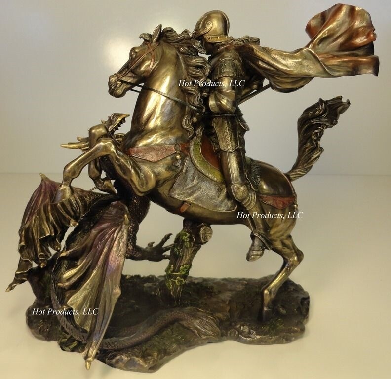 LARGE St George THE DRAGON SLAYER Sculpture Statue Bronze Finish