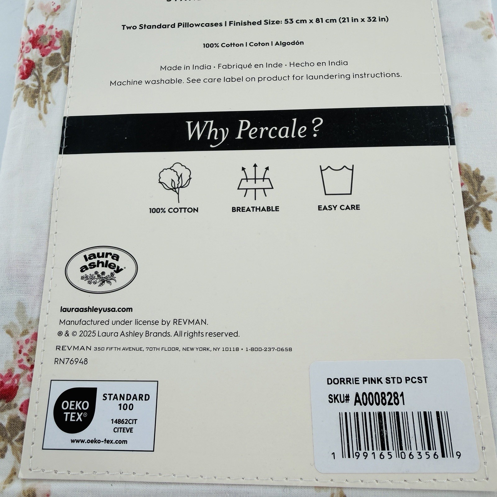 Laura Ashley Dorrie Pink Standard Cotton Percale Pillowcase Floral Cottage Set 2