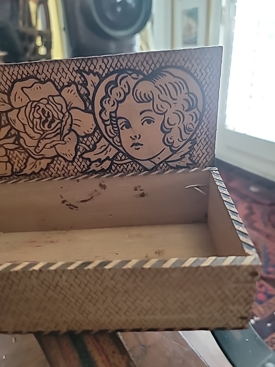 Antique Pyography Box Wood Valentine Painted Hearts Cupid Lady UNIQUE 10×3 1/2×2