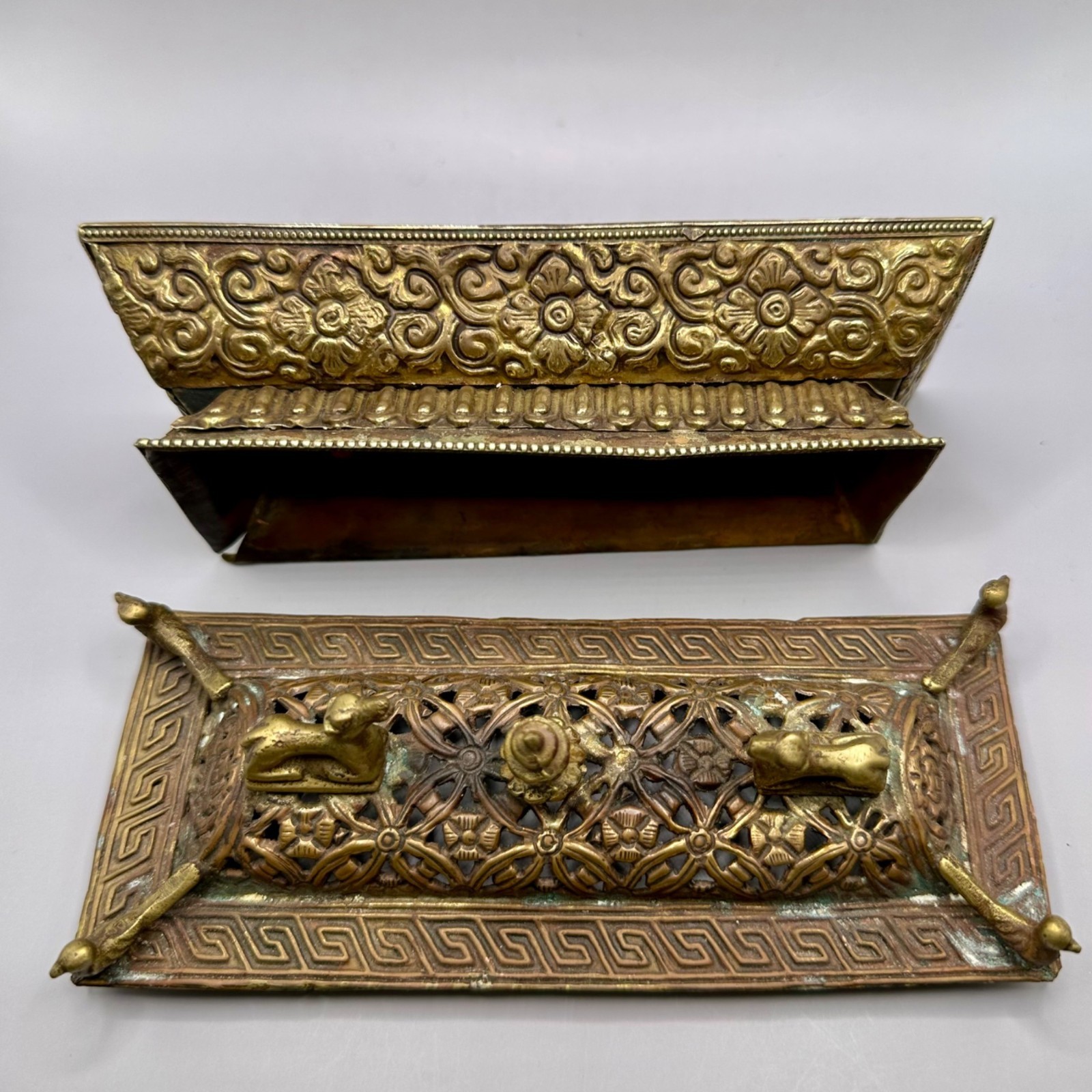 Nepal Tibetan Buddhist Incense Burner Brass & Copper Animal Finials Birds Motifs