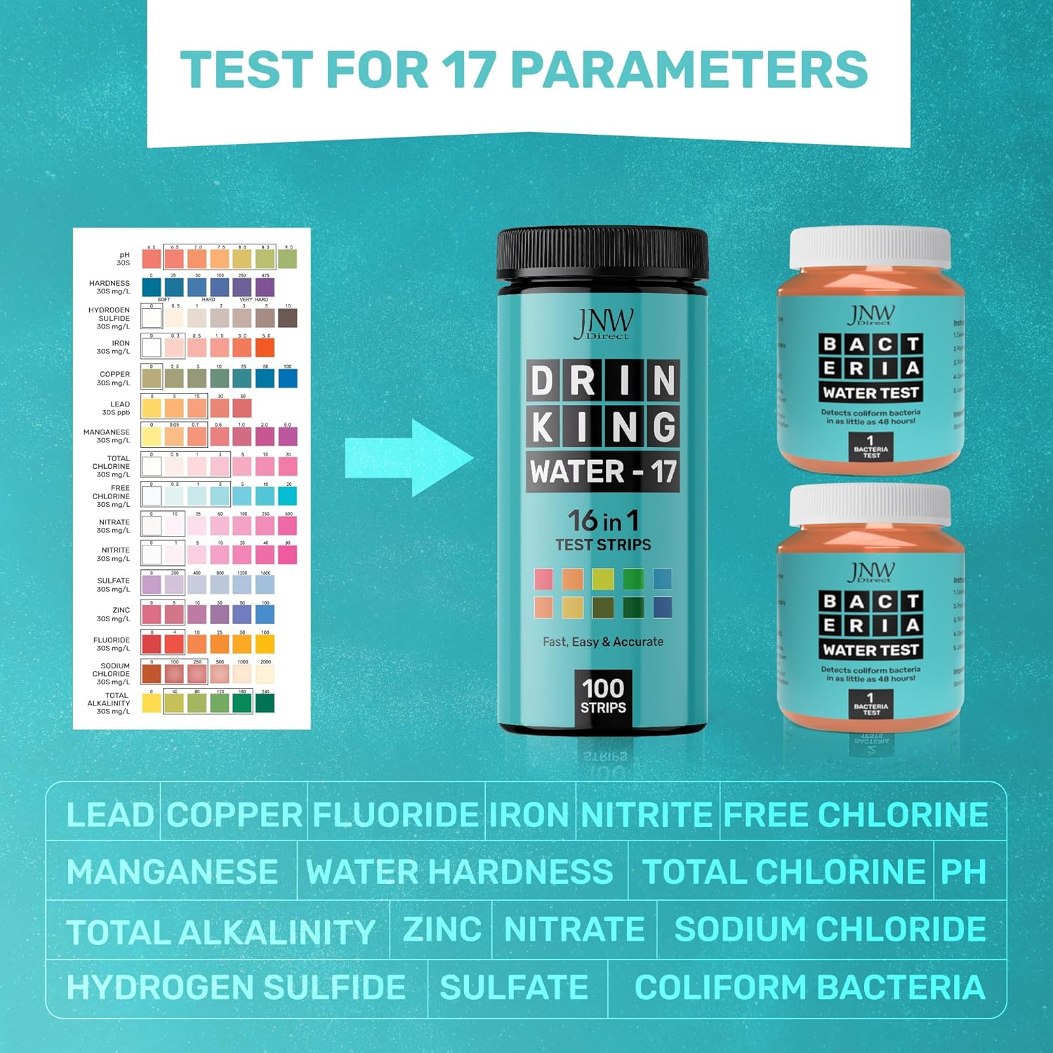 17-in-1 Drinking Water Test Kit - 100 Strips + 2 Bacteria Tester Kits - Well, Ta