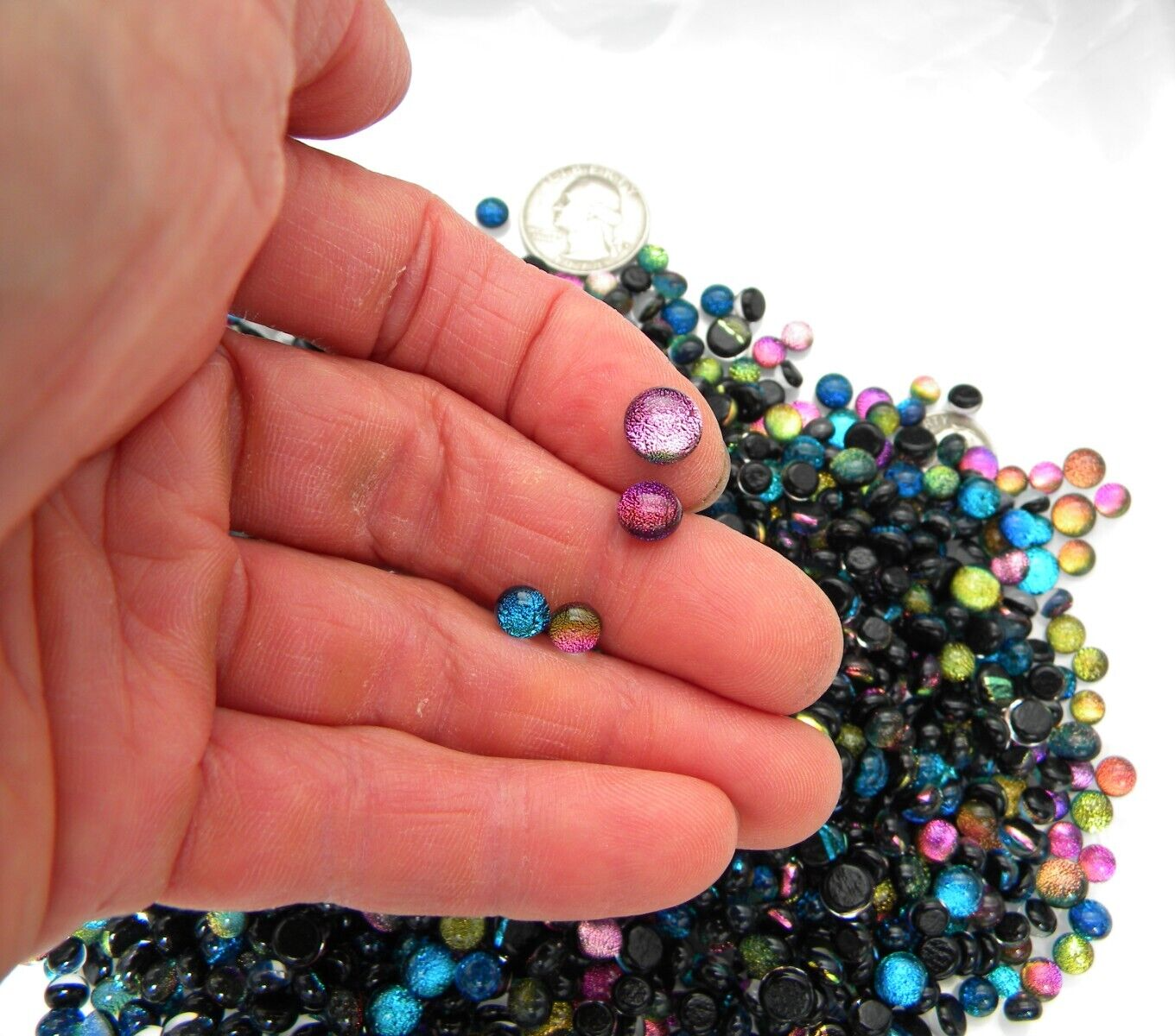(CLEAR GLASS ON TOP) TINY DOTS Lot 100 pcs DICHROIC FUSED GLASS (V100) CABOCHON