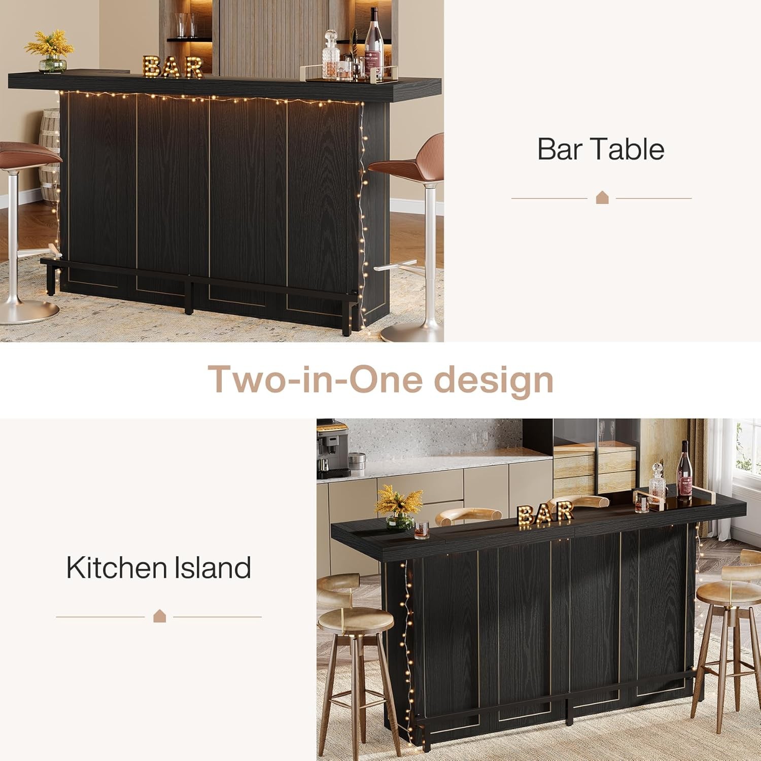 4-Tier Black Bar Table, 70.9-Inch Large Wooden Home Bar Unit with Storage Shelf