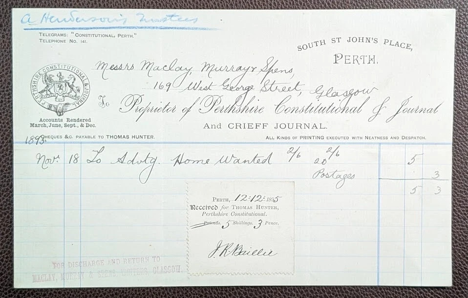 1893 Perthshire Constitutional Journal South St John’s Place Invoice