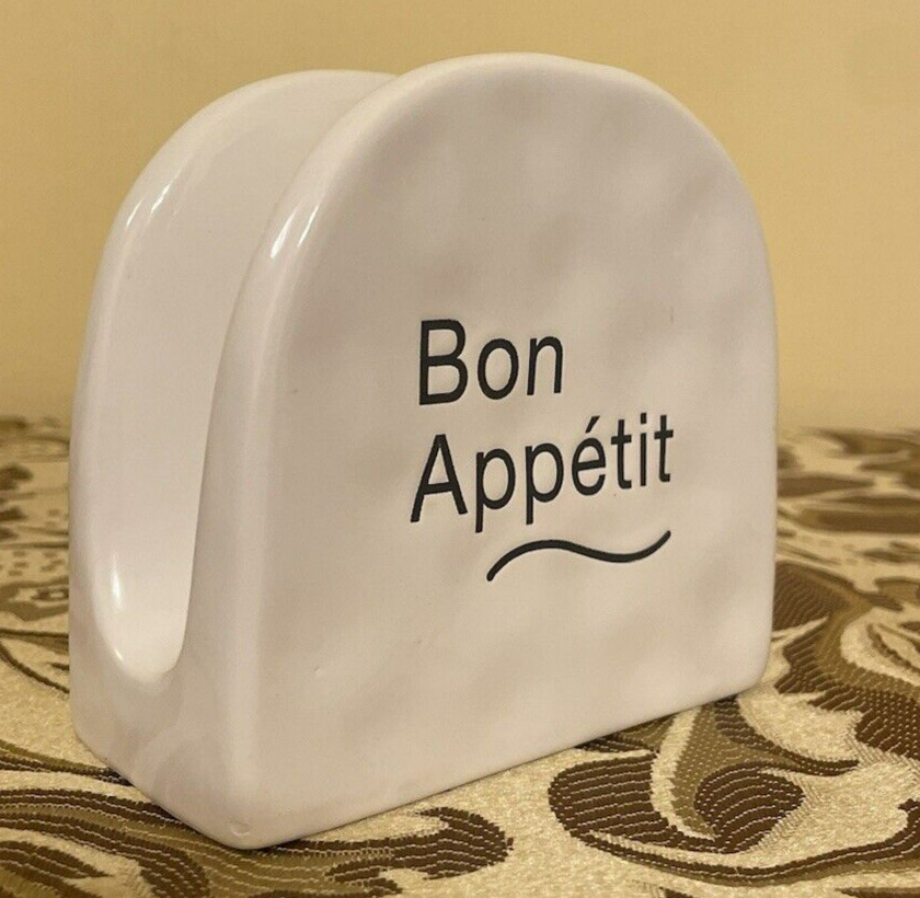 Napkin Holder Ceramic Tabletop White Black Text "Bon Appetit"