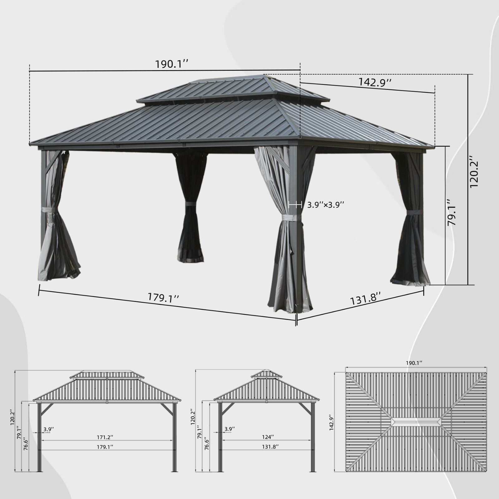 Domi 12’ x 16’ Hardtop Gazebo Outdoor Aluminum Gazebo w/Netting & Curtains, Gray