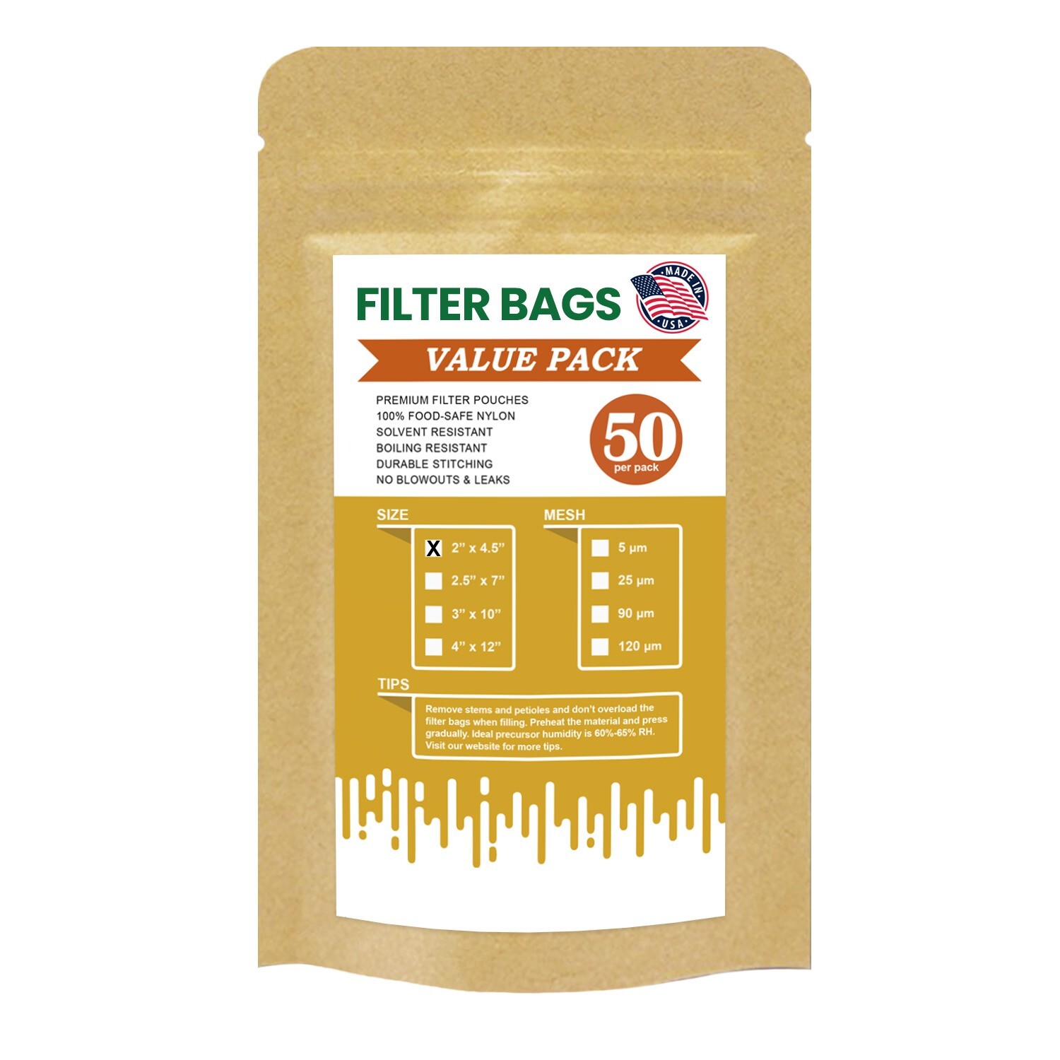 Premium Nylon Mesh Rosin Filter Bags, 2" x 4.5" (50pcs) - 5, 25, 90, 120 Microns