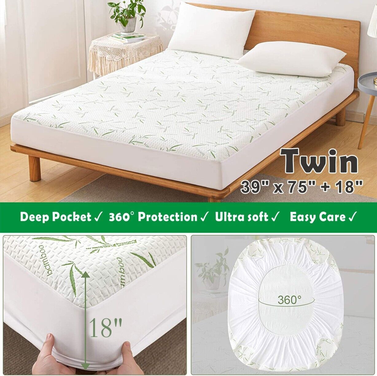 Bamboo Mattress Protector Extra Deep Pocket Breathable Waterproof Mattress Cover