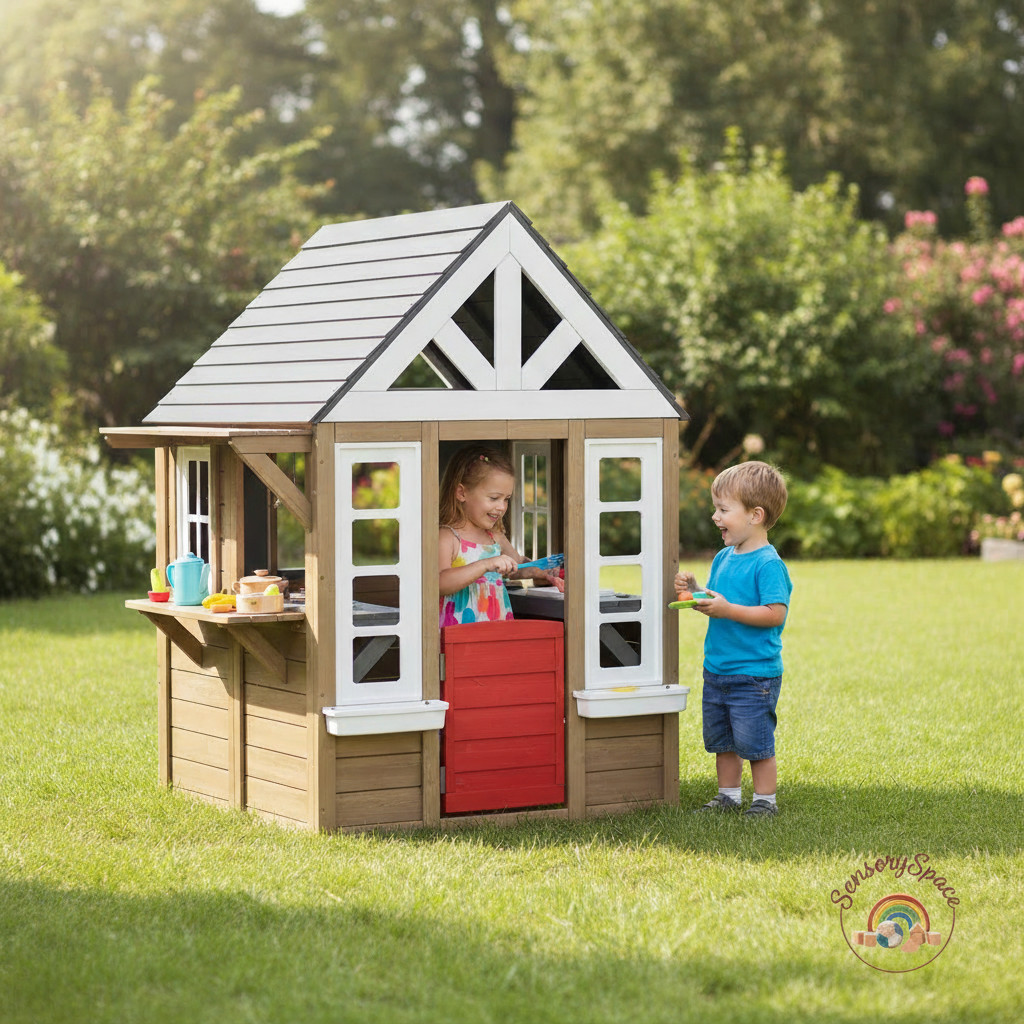 Outdoor Kids Cedar Wooden Playhouse Cottage w/ Kitchen Play Set - Free Shipping