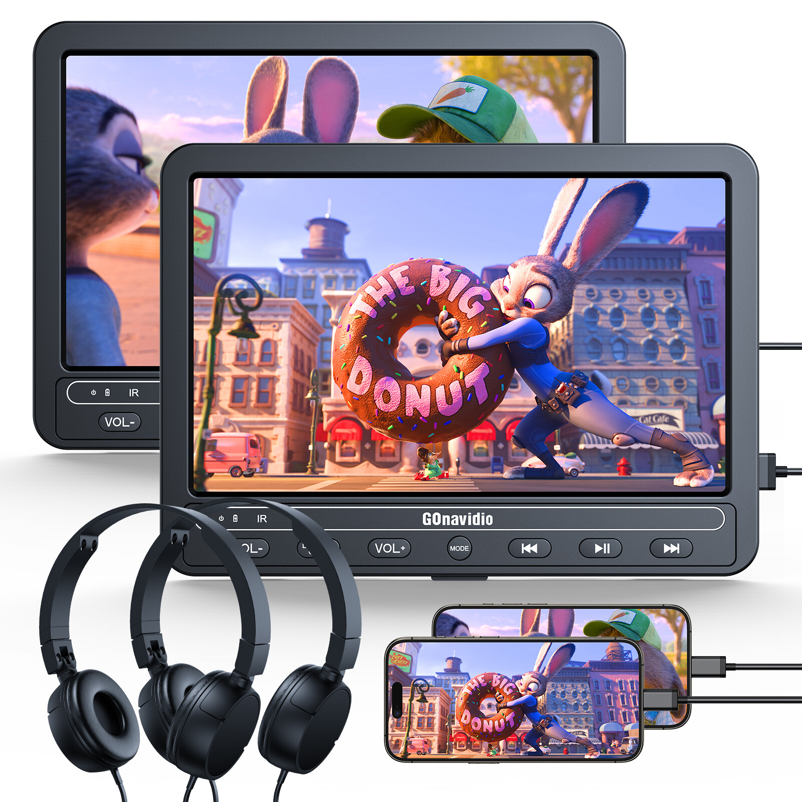 2 x 10.5" Car Headrest Monitor Portable DVD Media Player w/Headsets HDMI USB SD