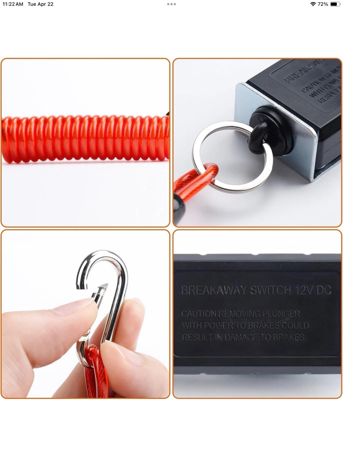 Trailer Breakaway Switch, 4FT Coiled Steel Cable For Electric Trail Brakes, New