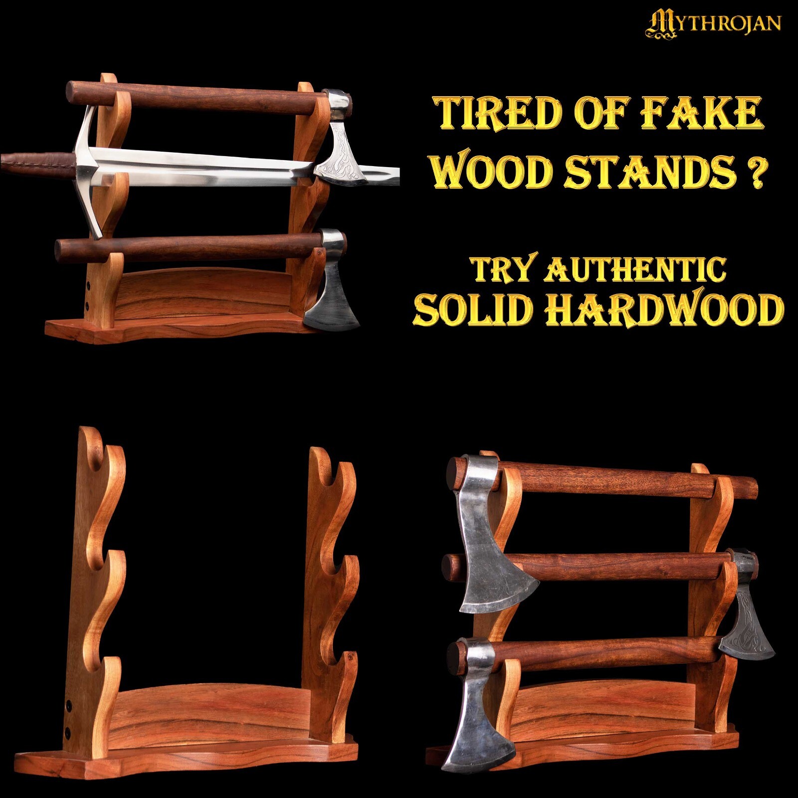 Katana Stand Sword Axe Display Wooden Holder Medieval 3 Tier Table Top Natural
