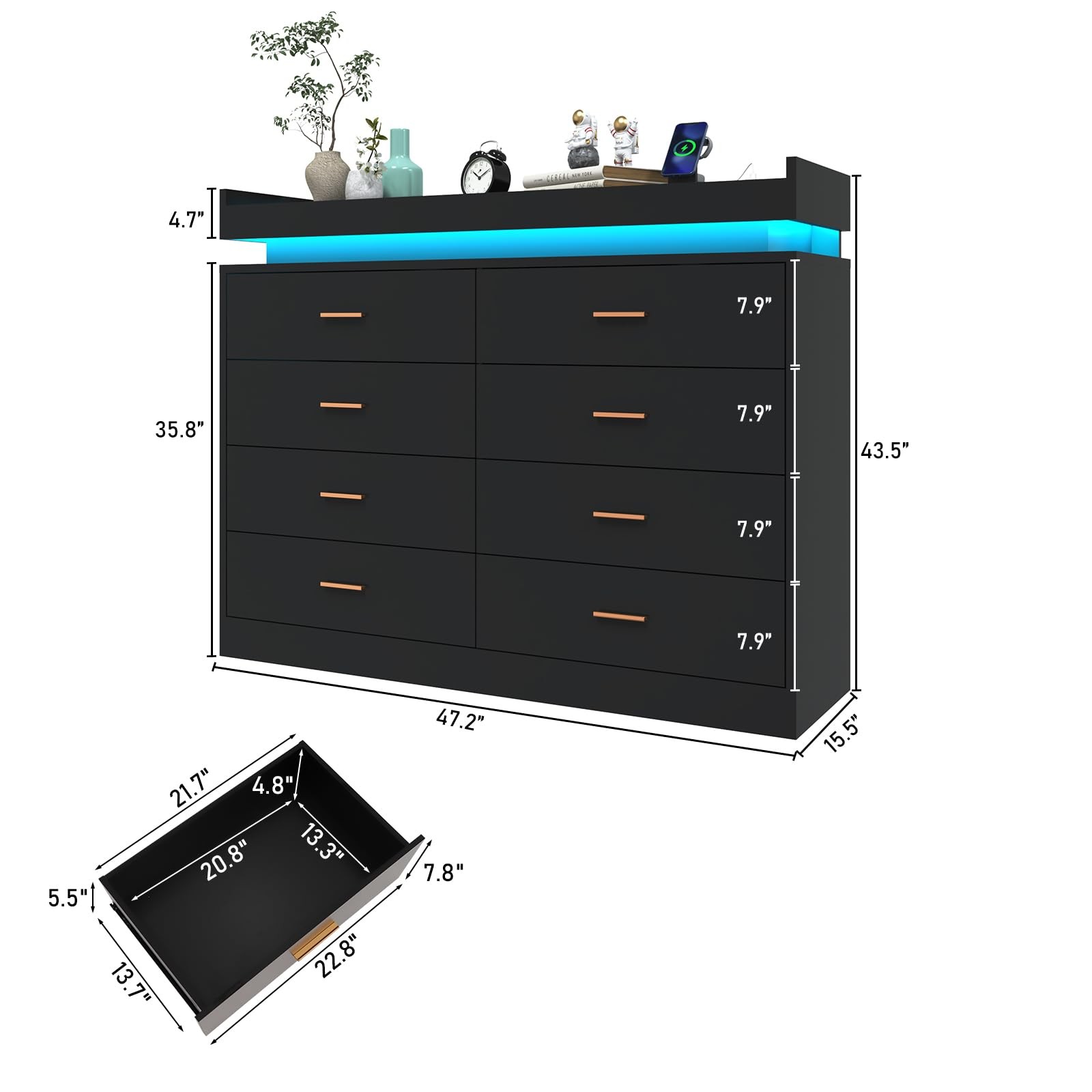 8 Drawer Dresser with LED Light and Charging Station, Modern Chest of Drawers