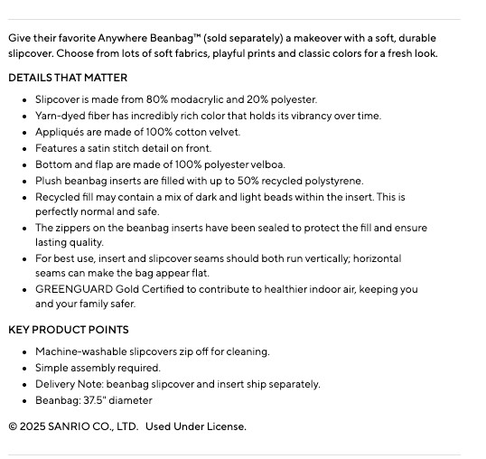 Pottery Barn Kids Hello Kitty Anywhere Bean Bag Beanbag Chair Slipcover NEW