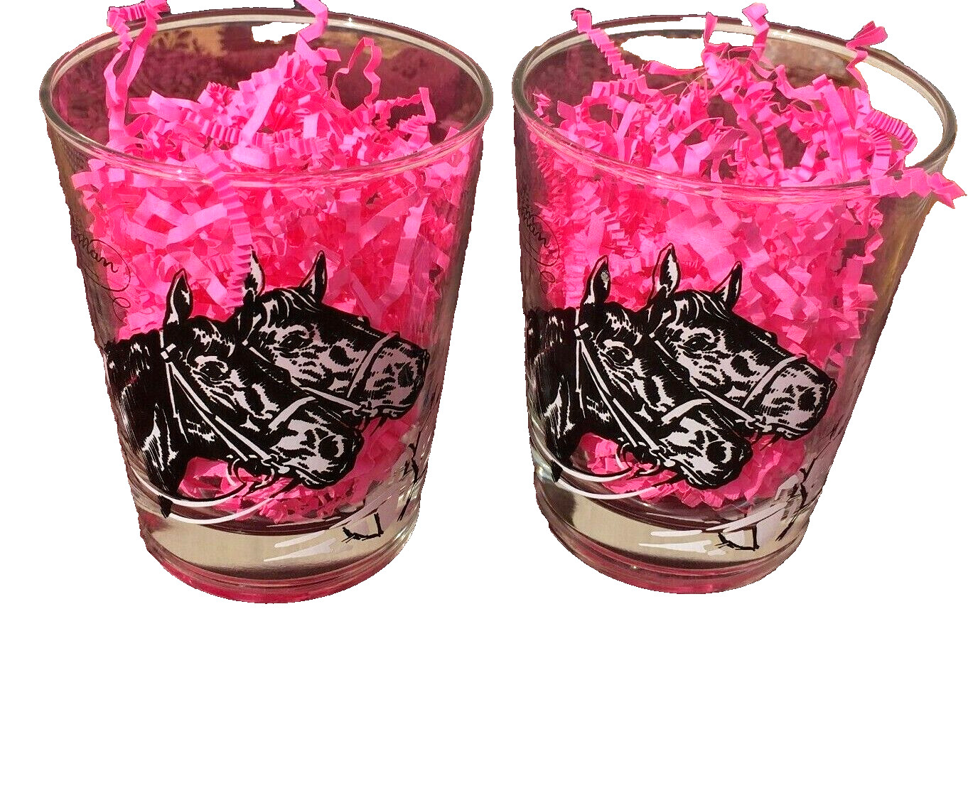 VTG Mid Century MCM Equestrian Highball Drinking Glasses Horse Race Western Pair