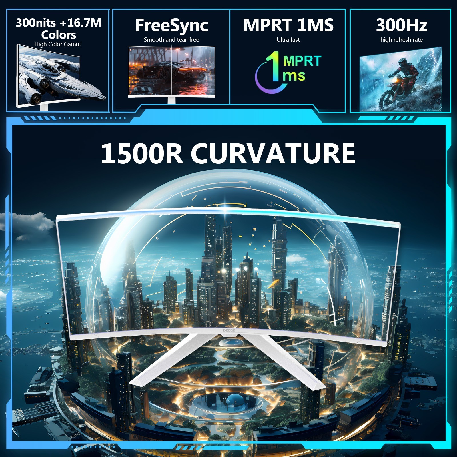 Z-EDGE UG27S-White 27" 1080P FHD 1920x1080 300Hz 1ms 1500R Curved Gaming Monitor