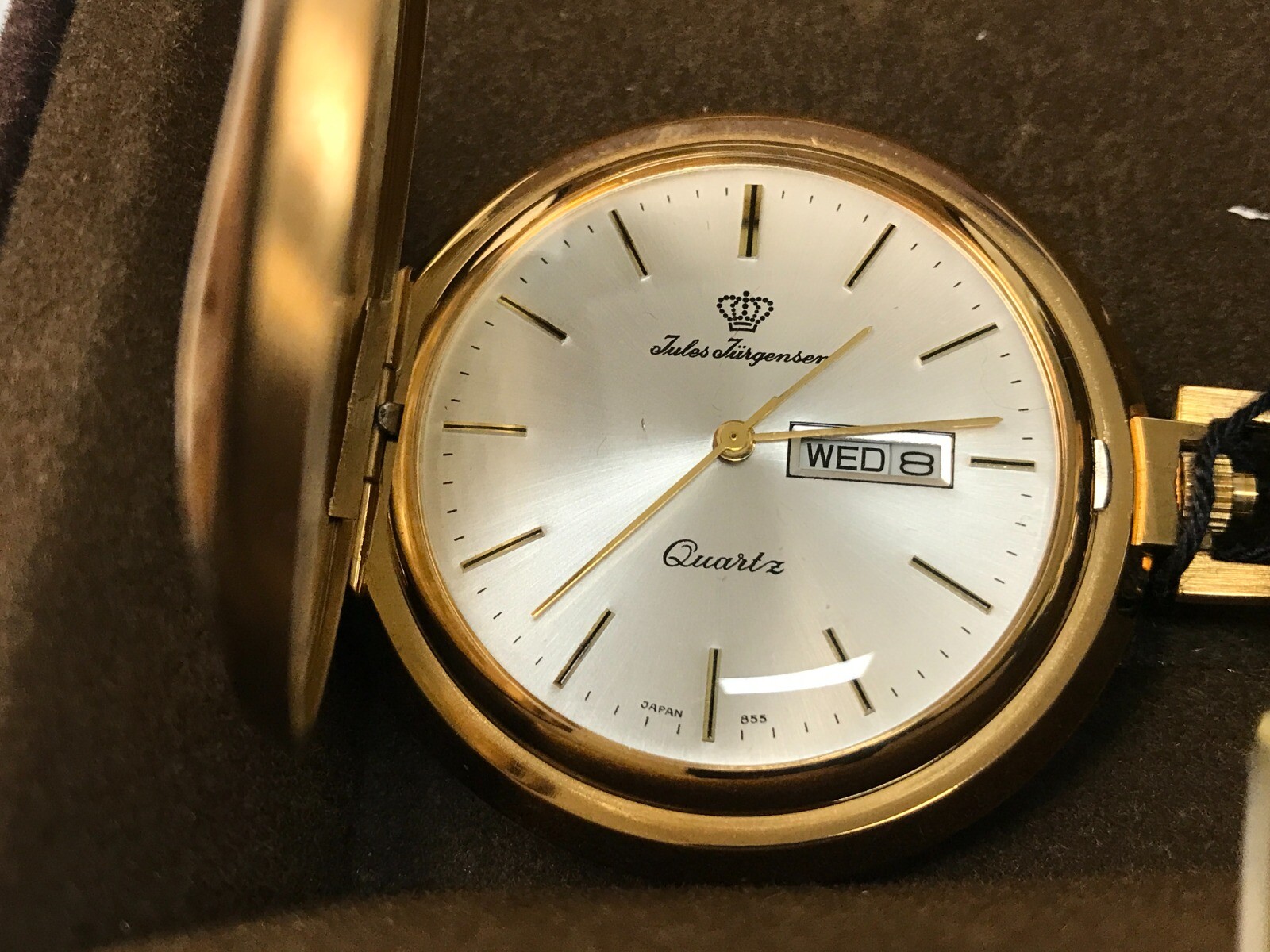 Rare NOS 1970s Jules Jurgensen Gold Tone White Dial Day Date Pocket Watch 6062Q